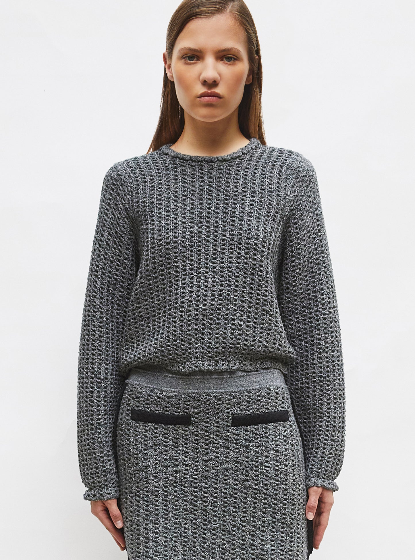 Jupe de luxe femme - Top col rond maille tweedée Noir mouliné