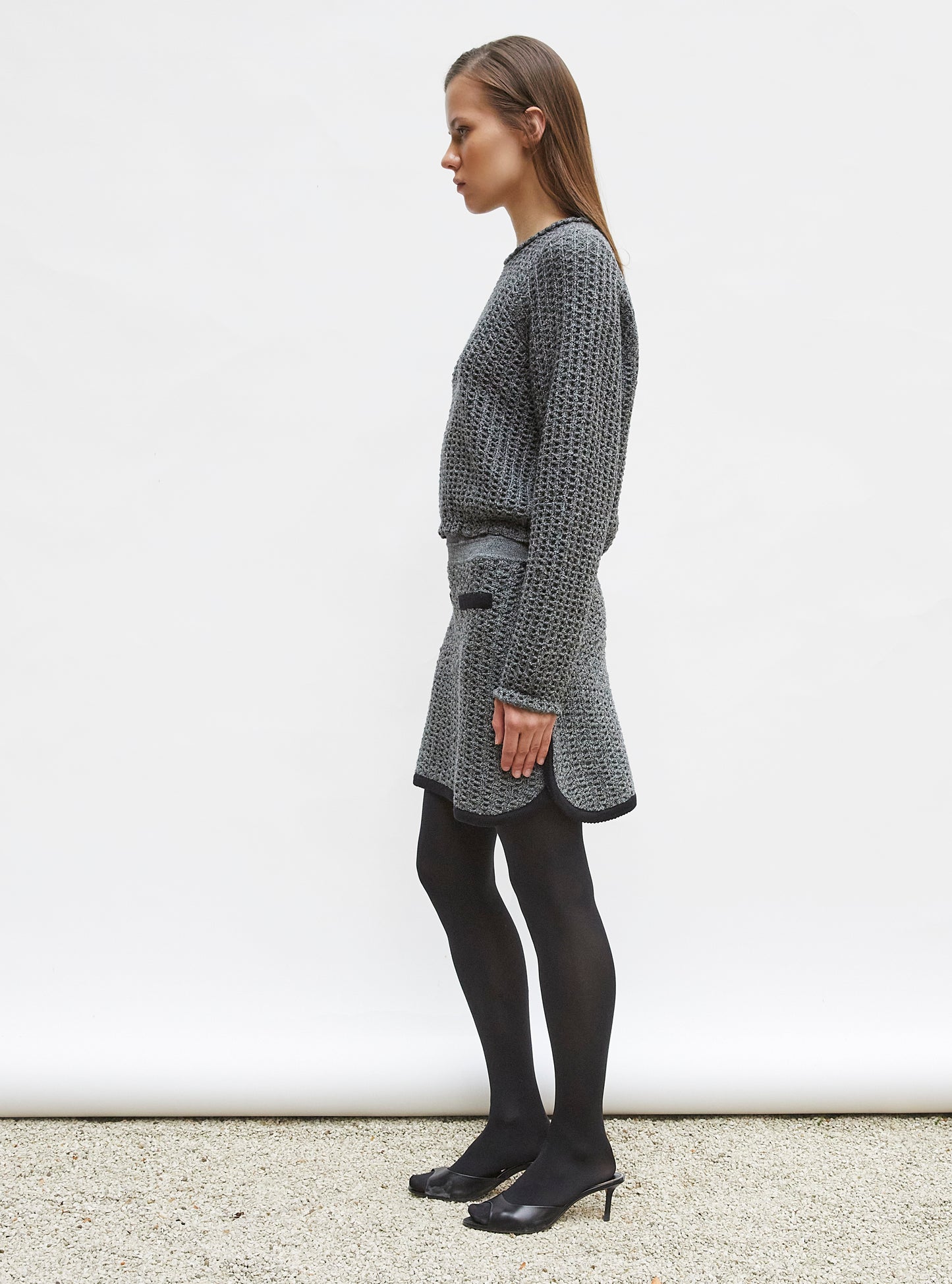 Top col rond maille tweedée Noir mouliné - Vêtement en maille de luxe femme
