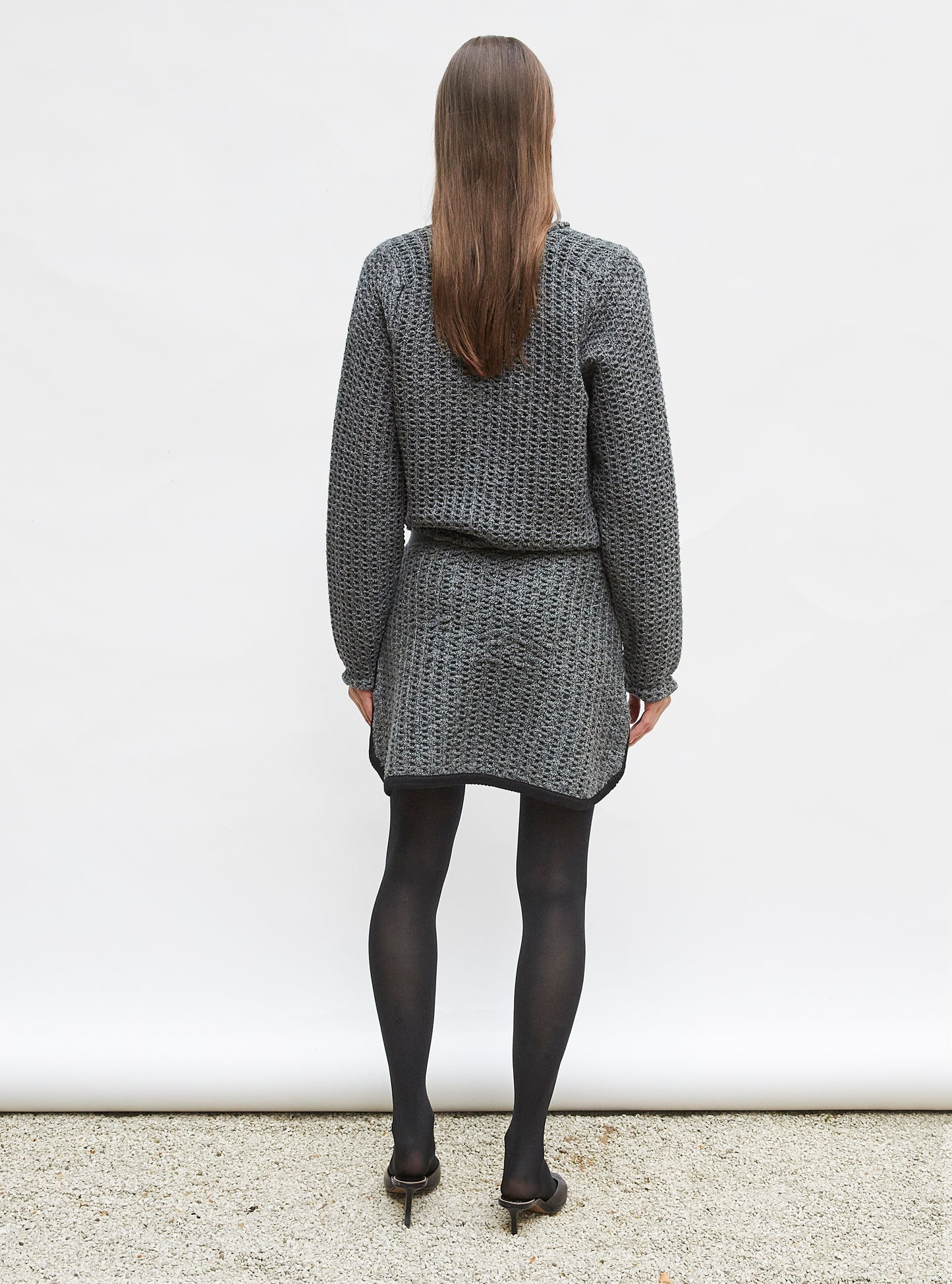 Top col rond maille tweedée Noir mouliné - Vêtement en maille de luxe femme