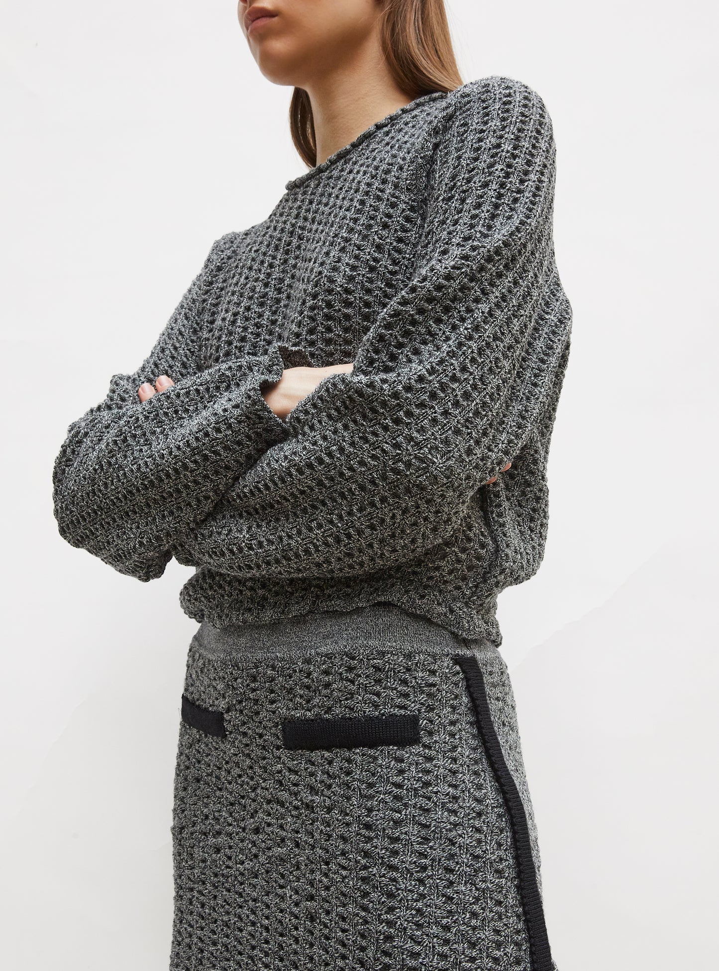 Top col rond maille tweedée Noir mouliné - Vêtement en maille de luxe femme