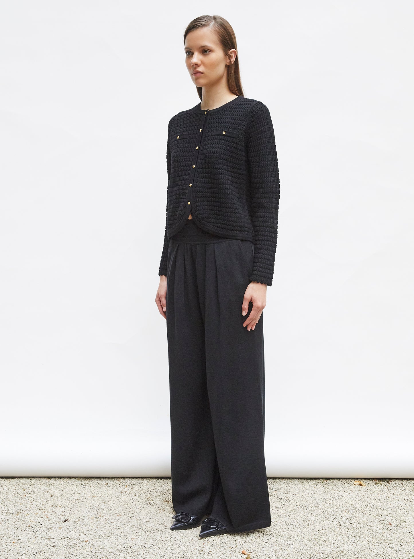 Tops de luxe femme - Veste maille gaufrée Noir profond