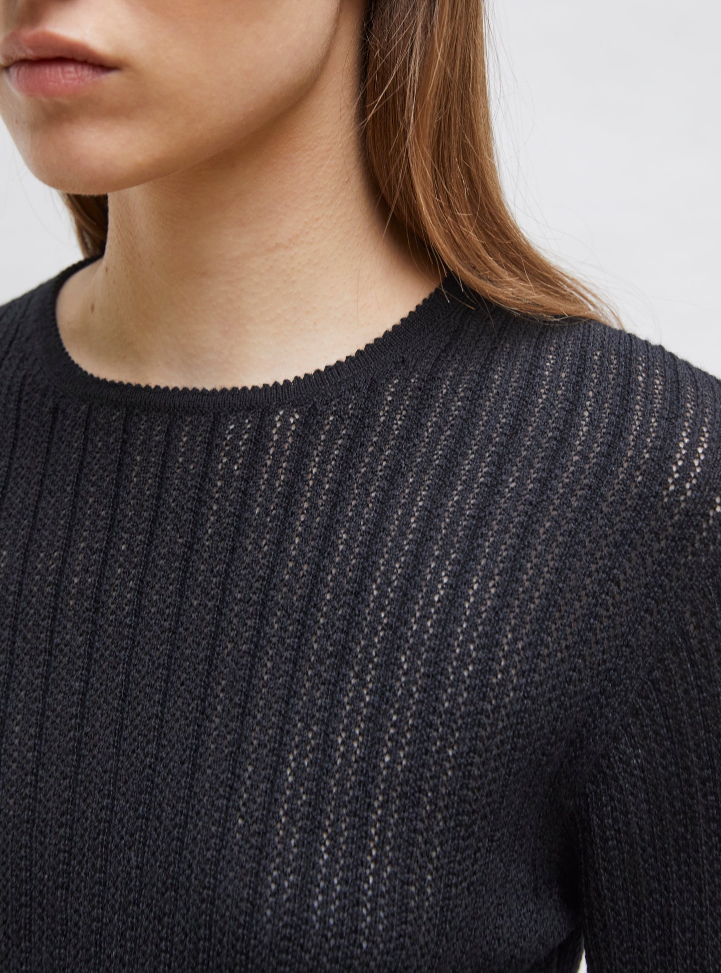 Tops, blouses de luxe femme - Top fin maille pointelle Noir profond