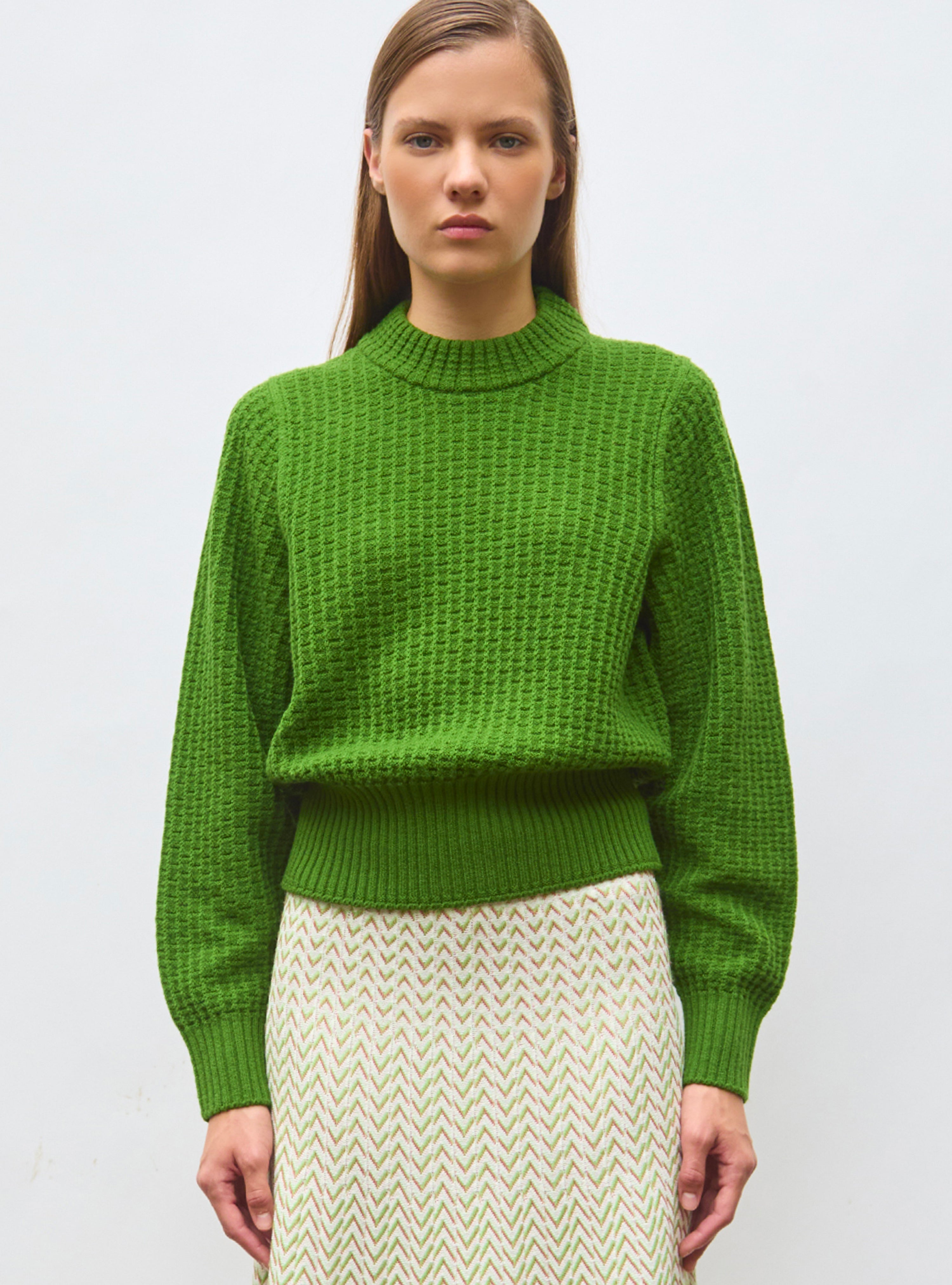 Pull de luxe femme - Pull fin en maille gaufrée Matcha