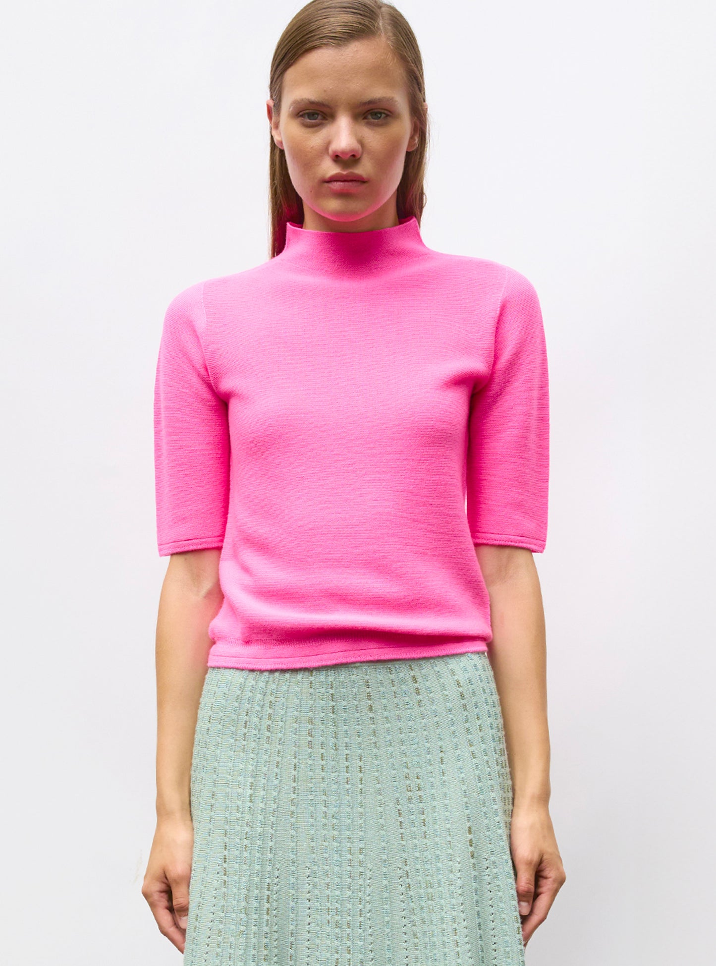Tops de luxe femme - Top fin petit col montant Rose Fluo