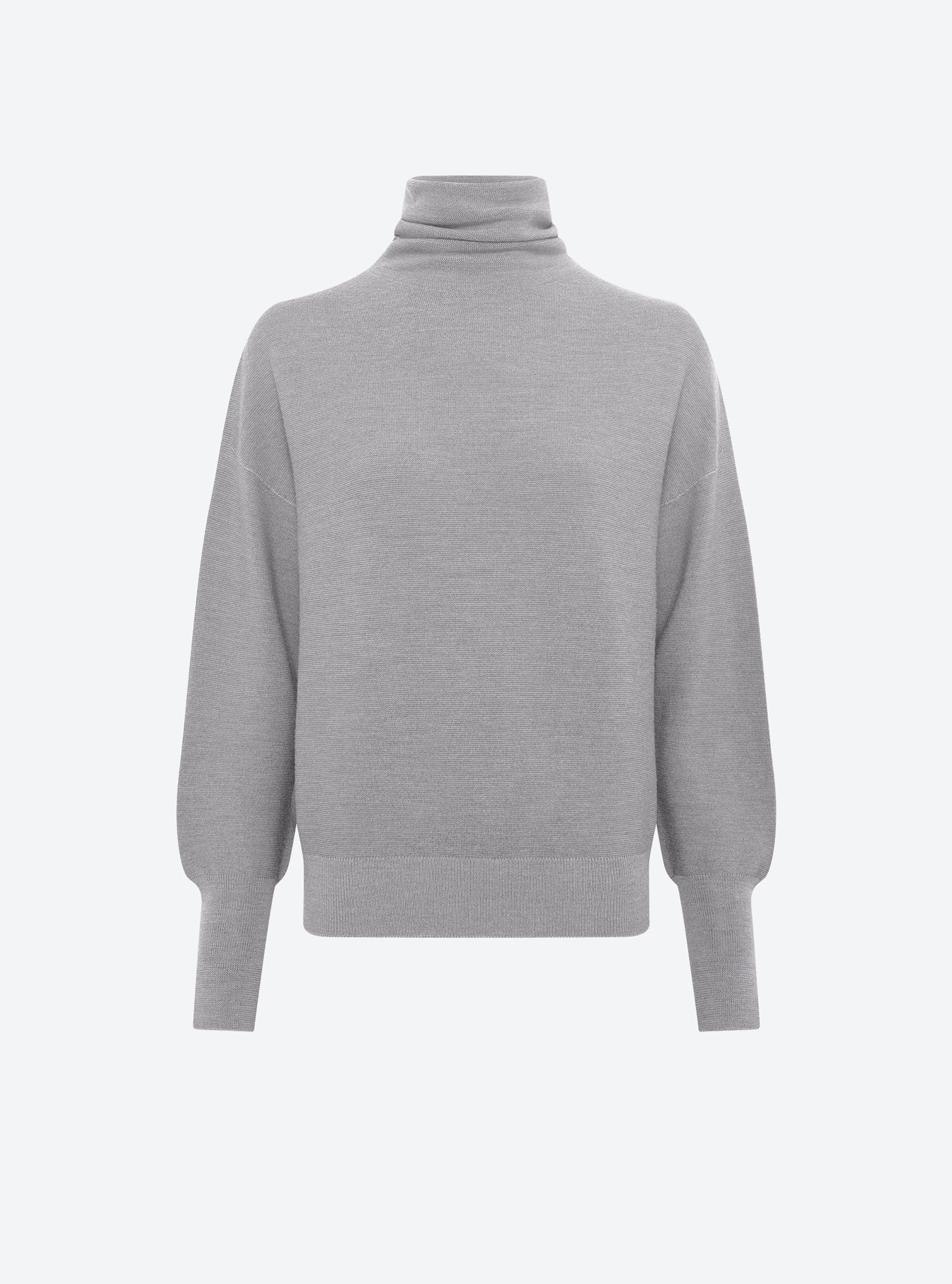 Pull de luxe femme - Top fin maille point mousse col montant Gris moyen