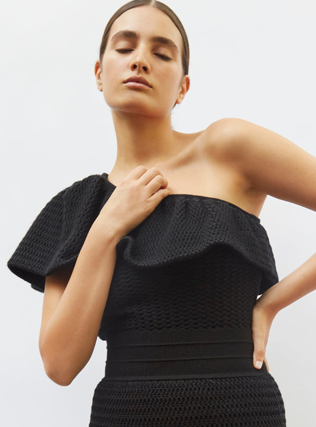 one shoulder smocked knit top - Image principale