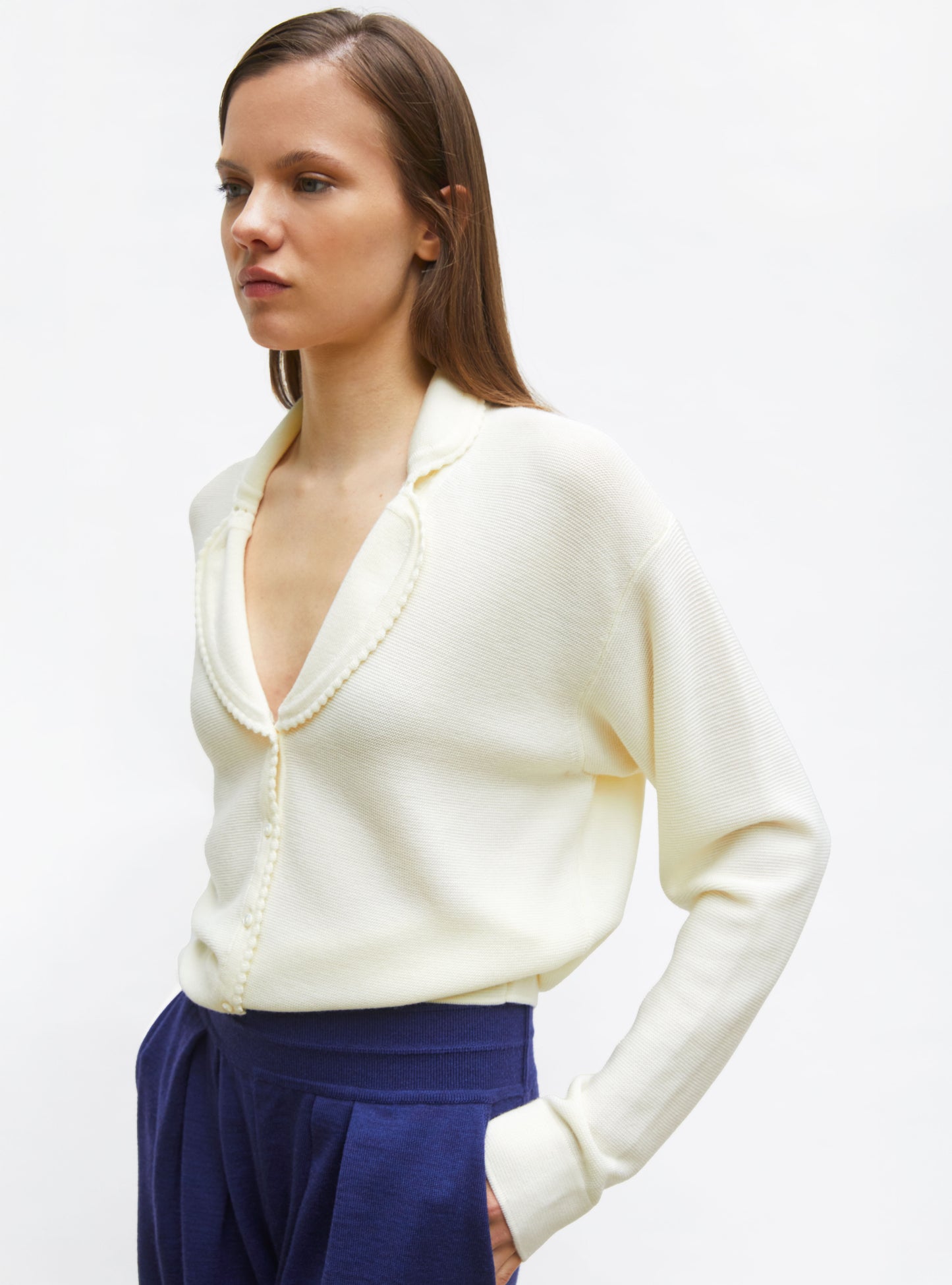 Chemise maille encolure v Naturel - Vêtement de luxe femme