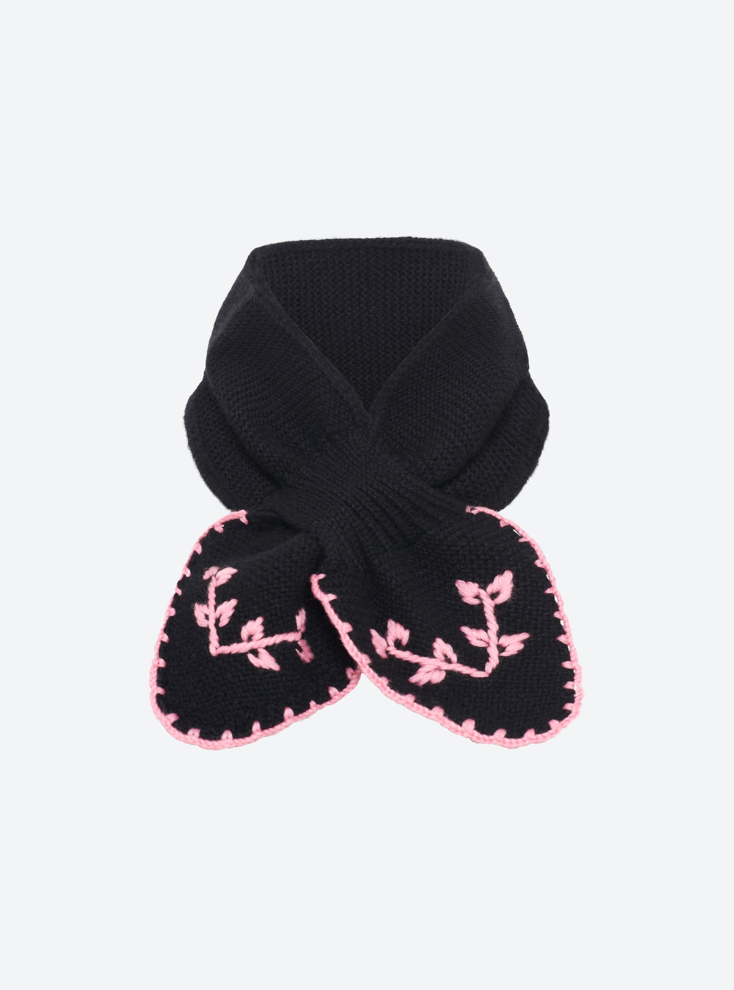 Tour de cou brodé main noir profond-rose bonbon - Vêtement de luxe femme