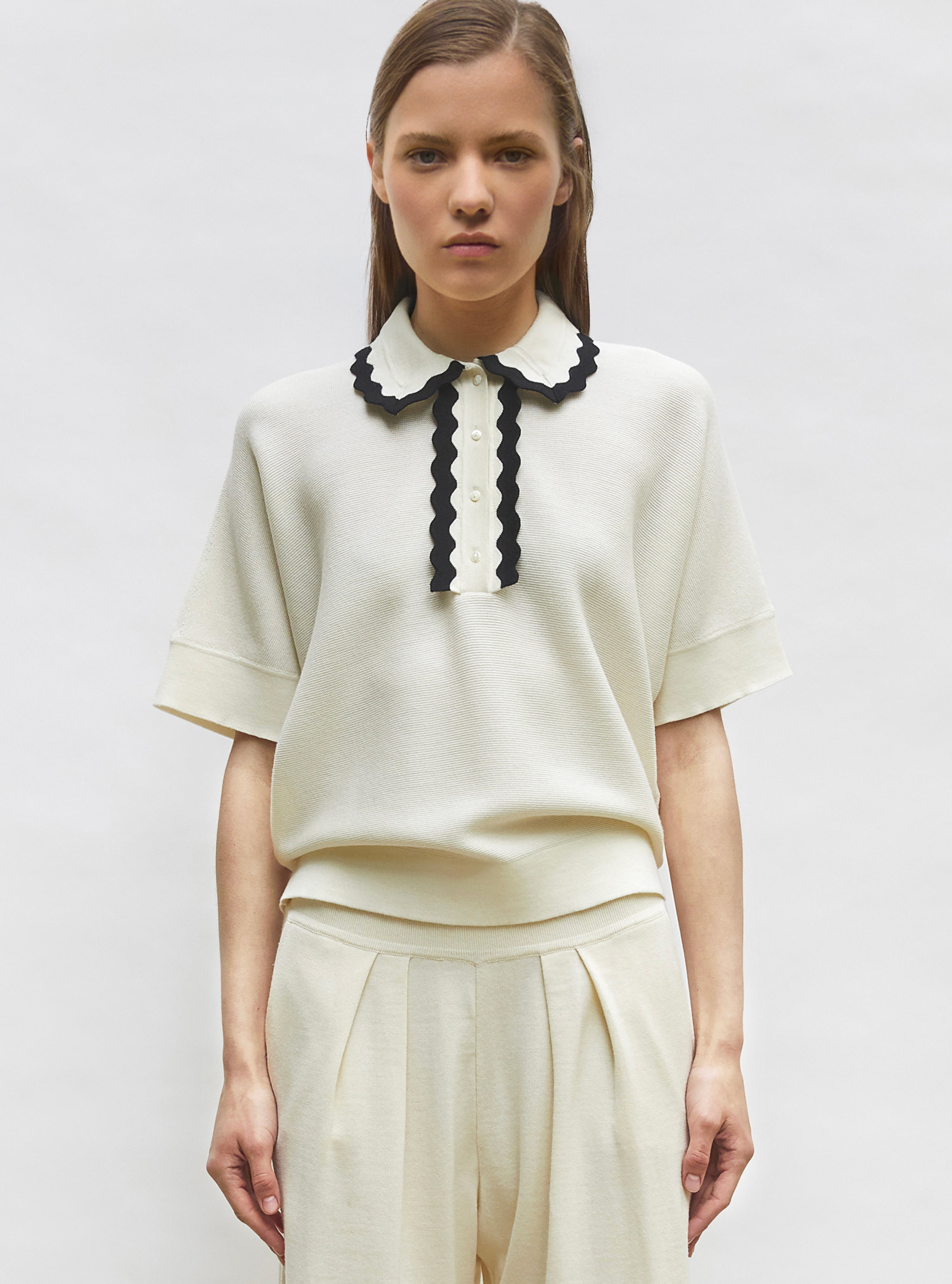 Top ample maille col croquet naturel noir-profond - Vêtement en maille de luxe Molli