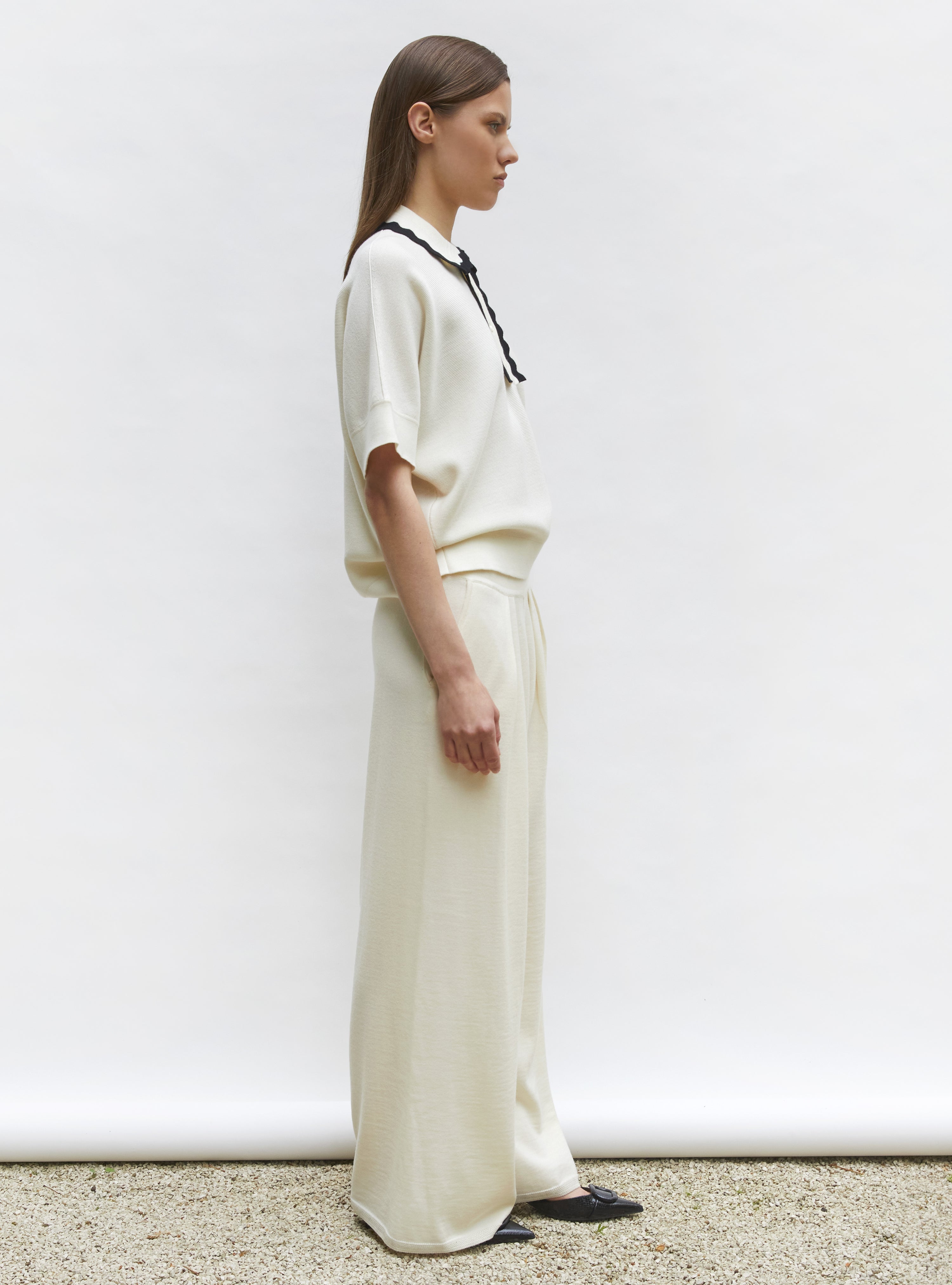 Top ample maille col croquet naturel noir-profond - Top de luxe