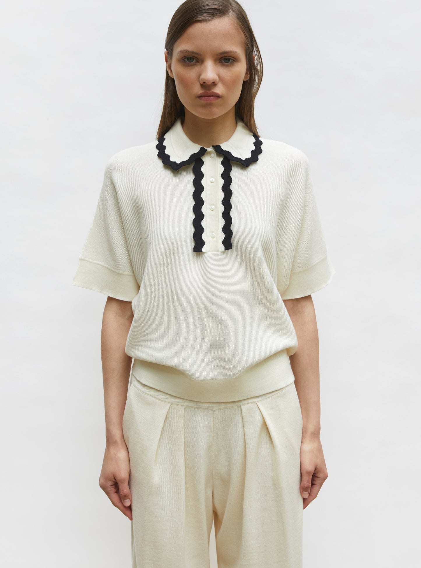 Top ample maille col croquet naturel noir-profond - Vêtement en maille de luxe Molli