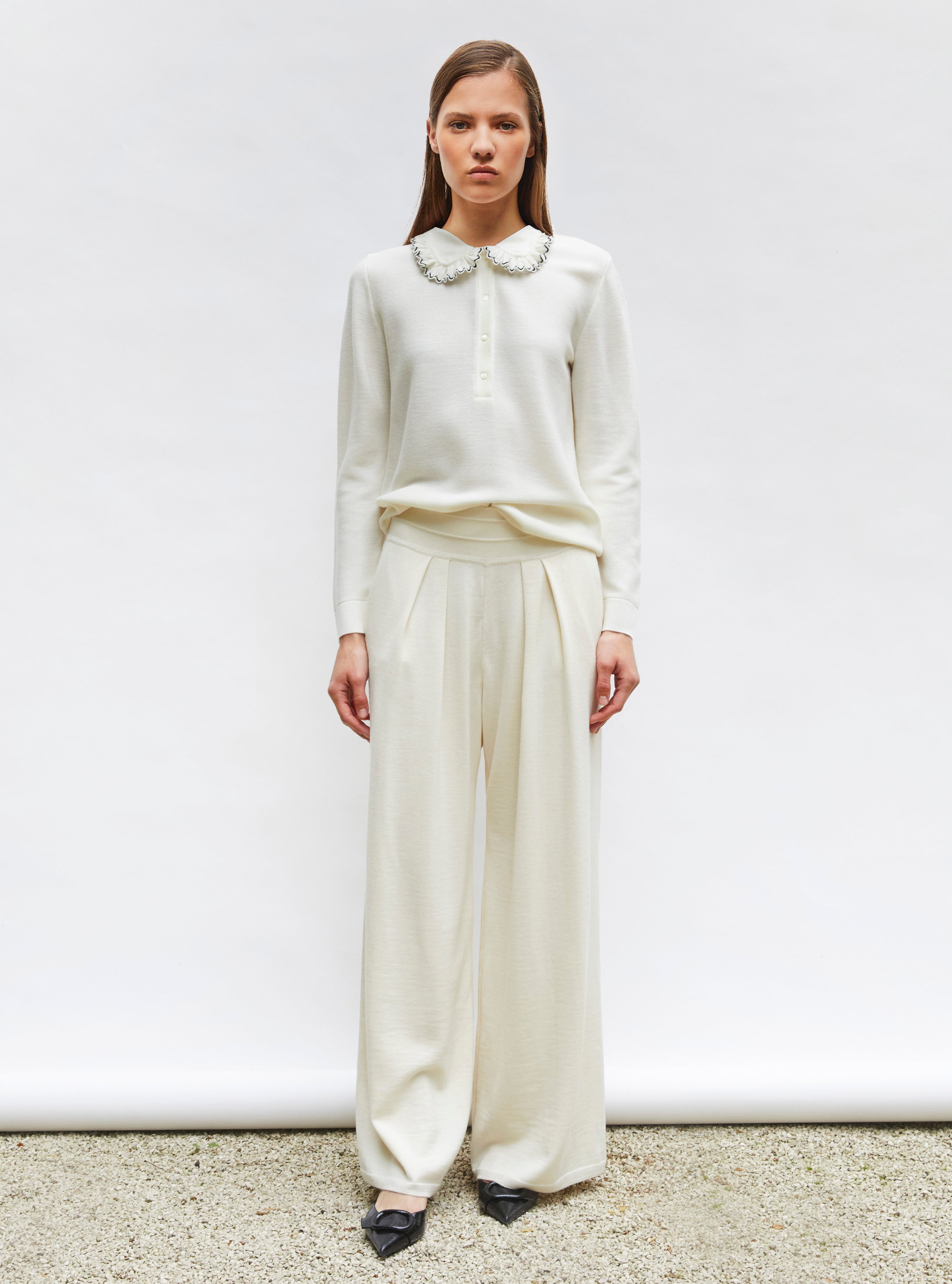 Chemise en maille col volanté naturel-noir profond - Chemise de luxe