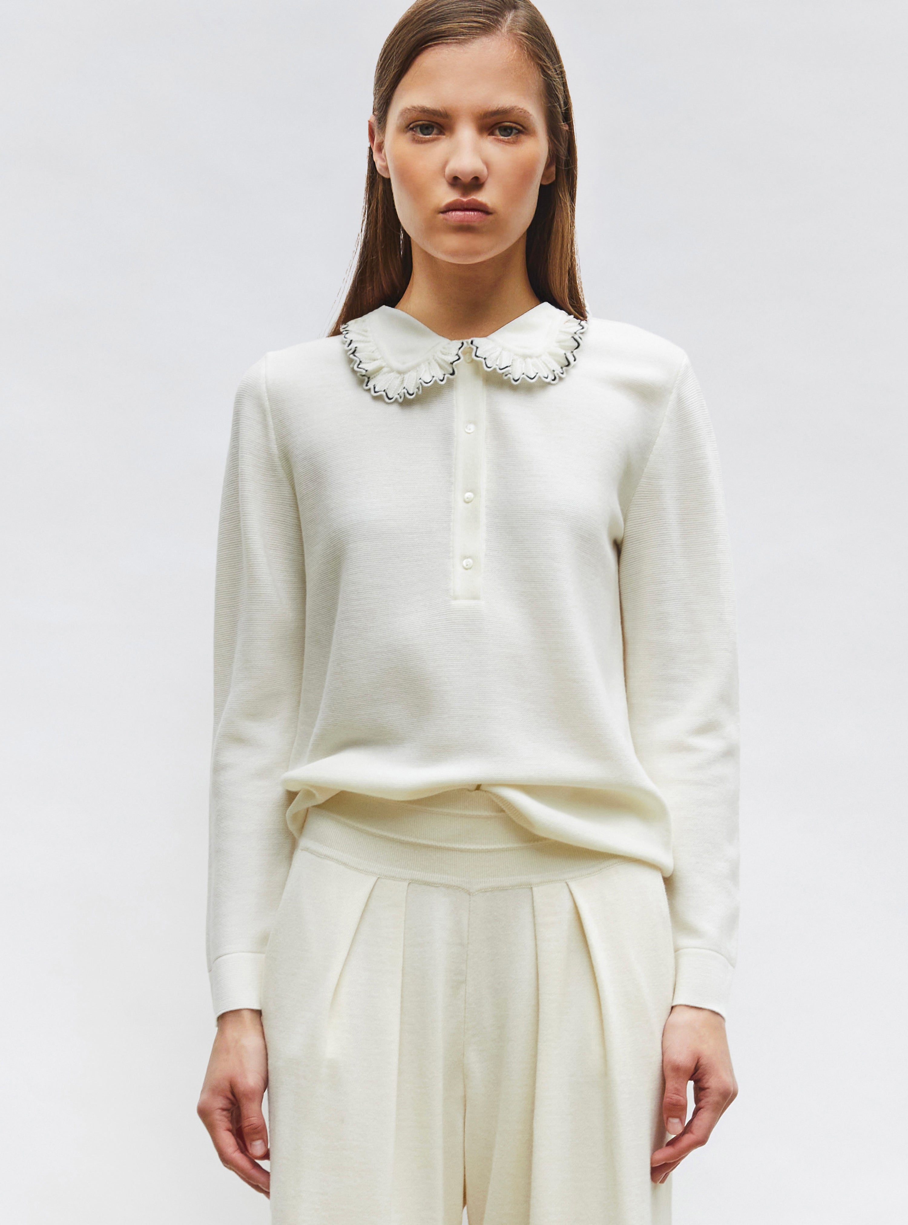 Chemise en maille col volanté naturel-noir profond - Vêtement en maille de luxe Molli