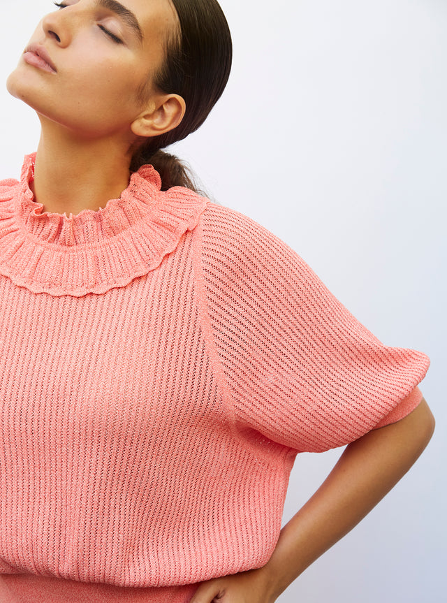 top with collar in openworked knit - Image principale