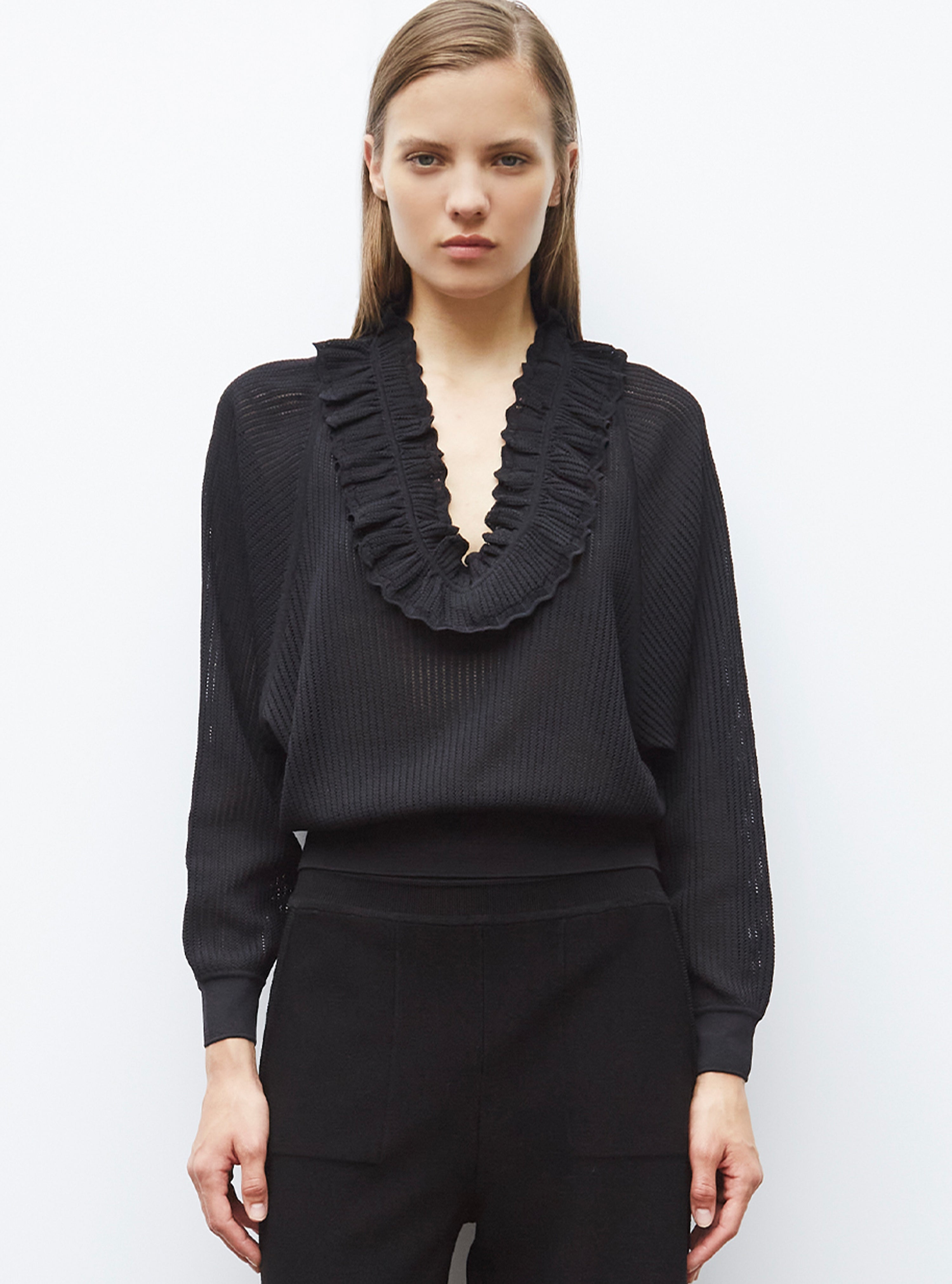 Top col v en maille ajourée - Vêtement en maille de luxe Molli