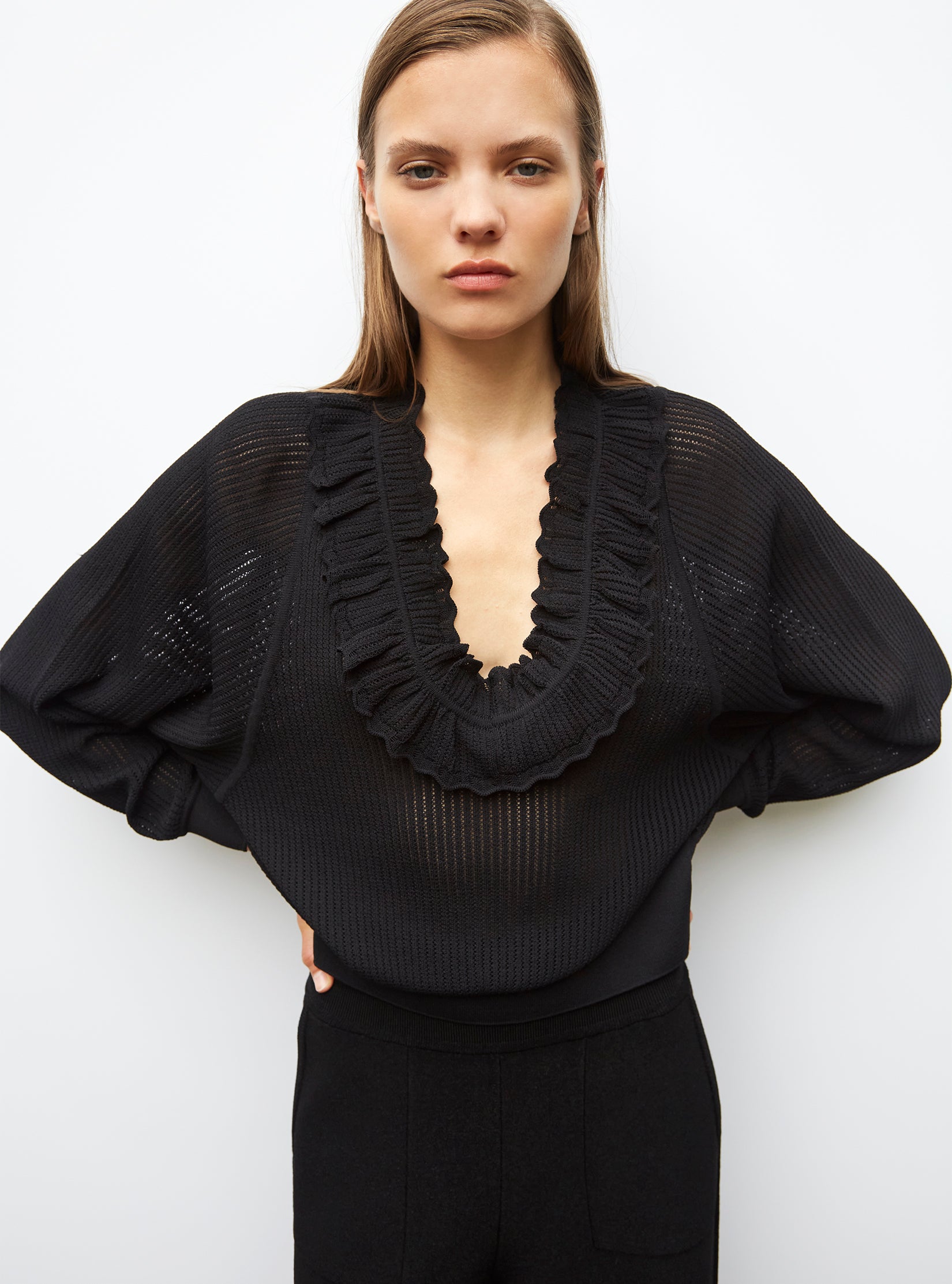 Top col v en maille ajourée - Vêtement en maille de luxe Molli