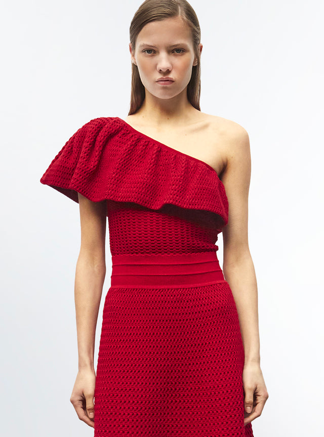 one shoulder smocked knit top - Image principale