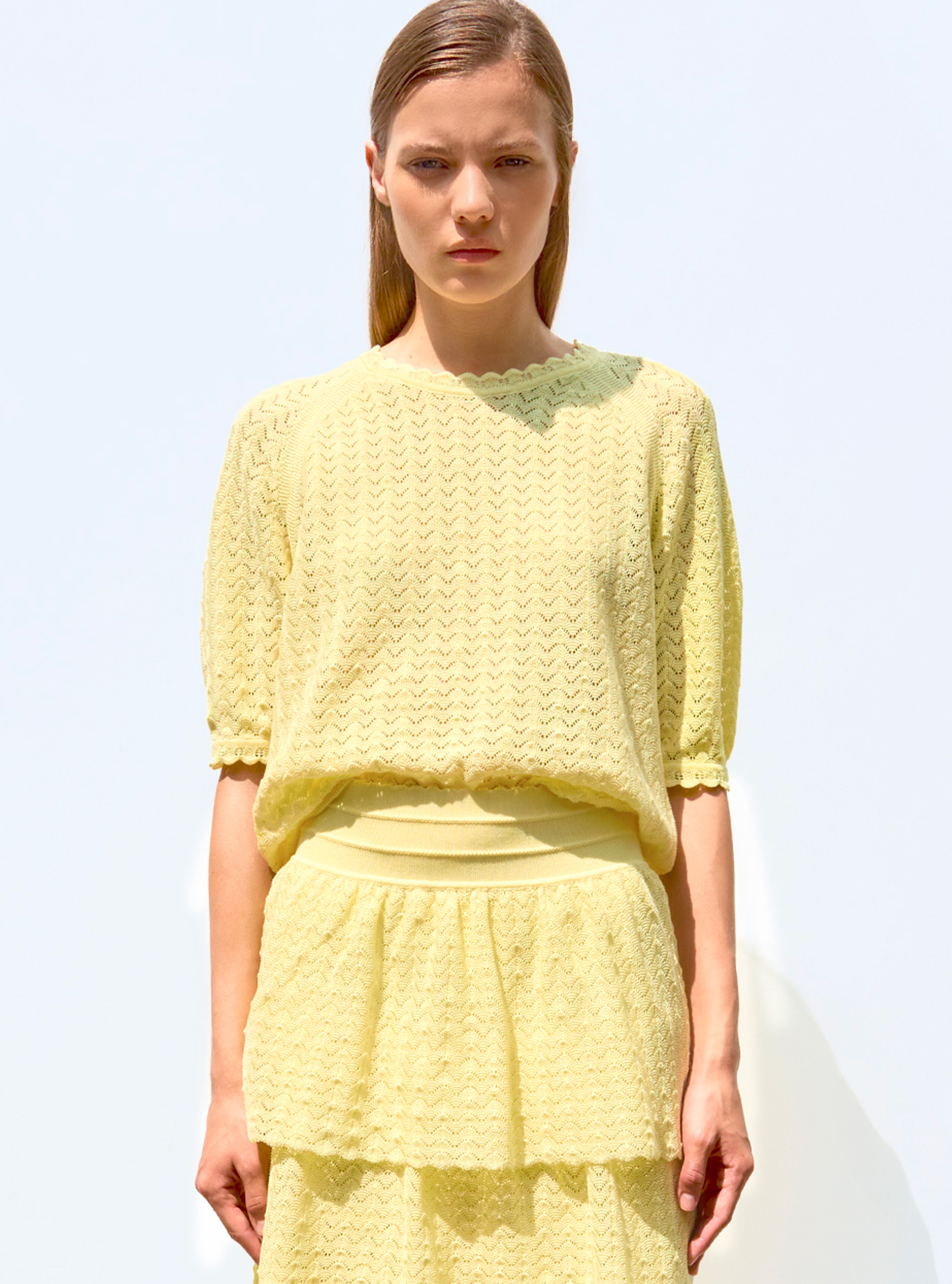 Top manches coudes maille pointelle Blé - Vêtement en maille de luxe Molli