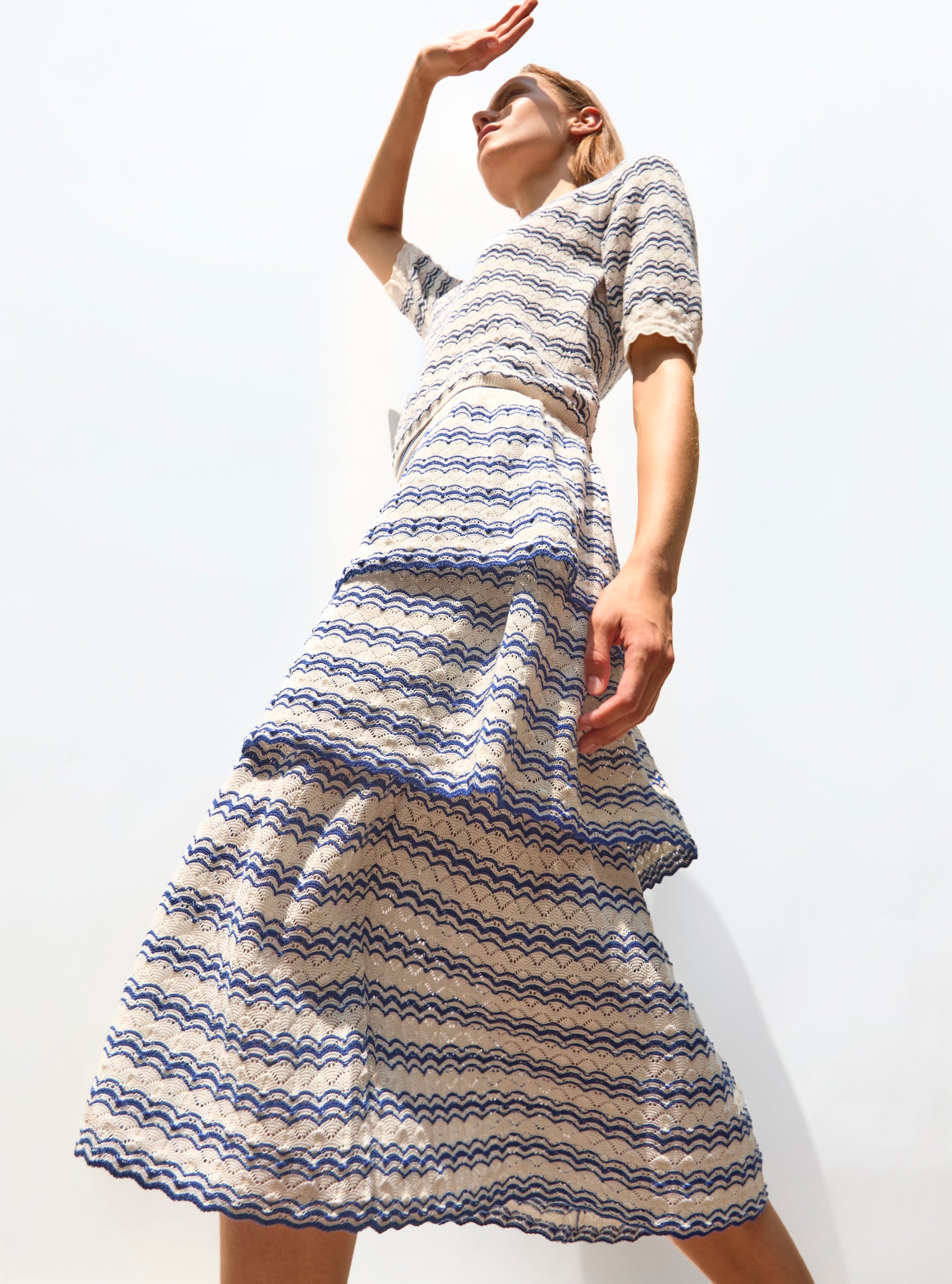 Jupe de luxe femme - Jupe maille pointelle à volants Naturel Majorelle