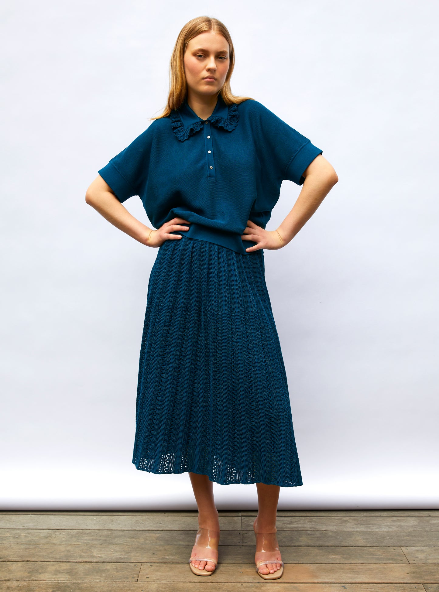 Jupe longue maille guipure Blueberry - Vêtement en maille de luxe femme