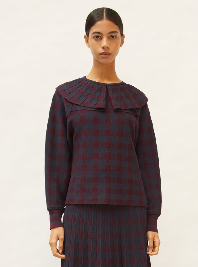 plain gingham knit top with collar - Image principale