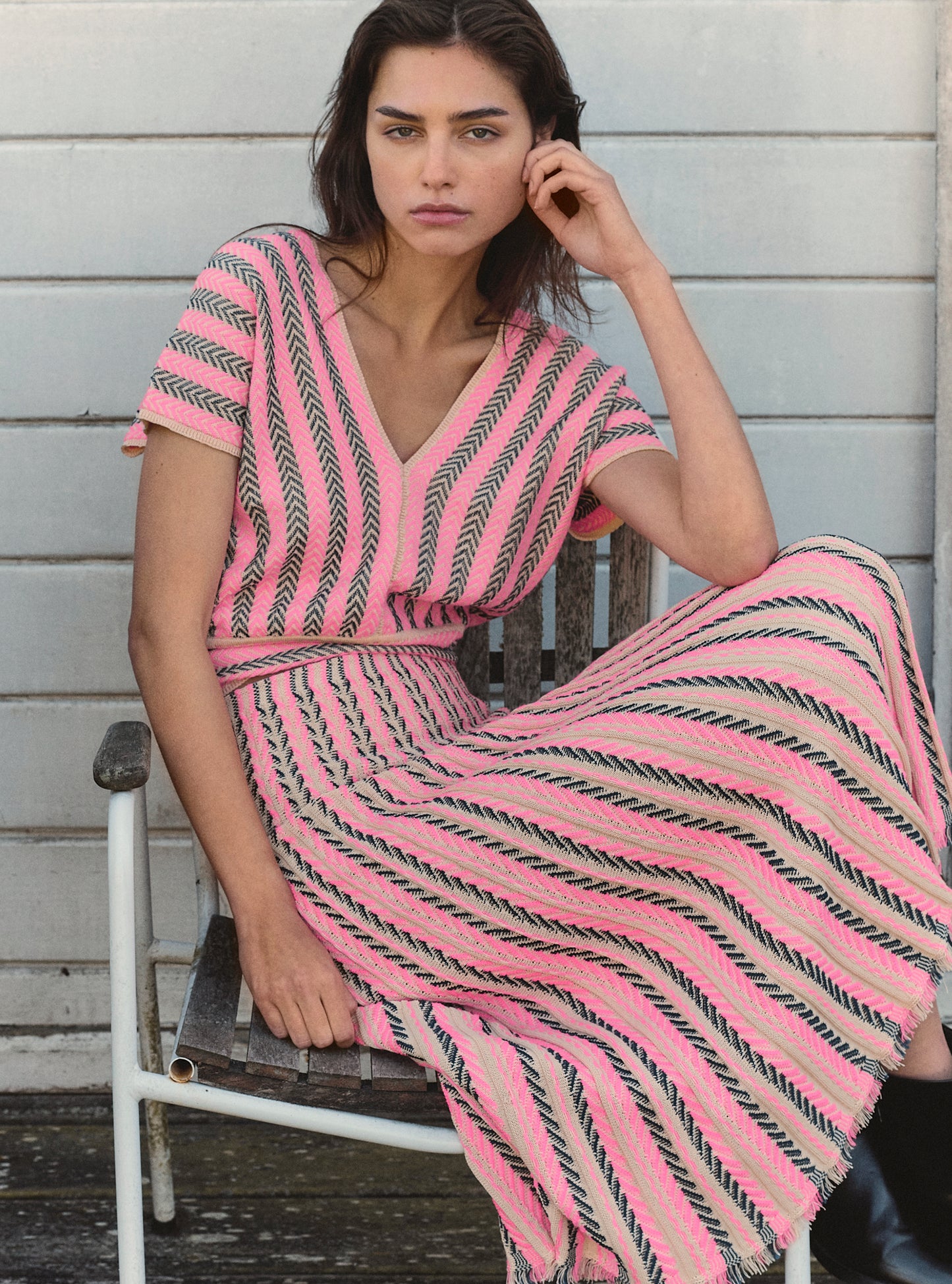 Top de luxe femme - Top V maille chevron dune-blueberry-rose fluo