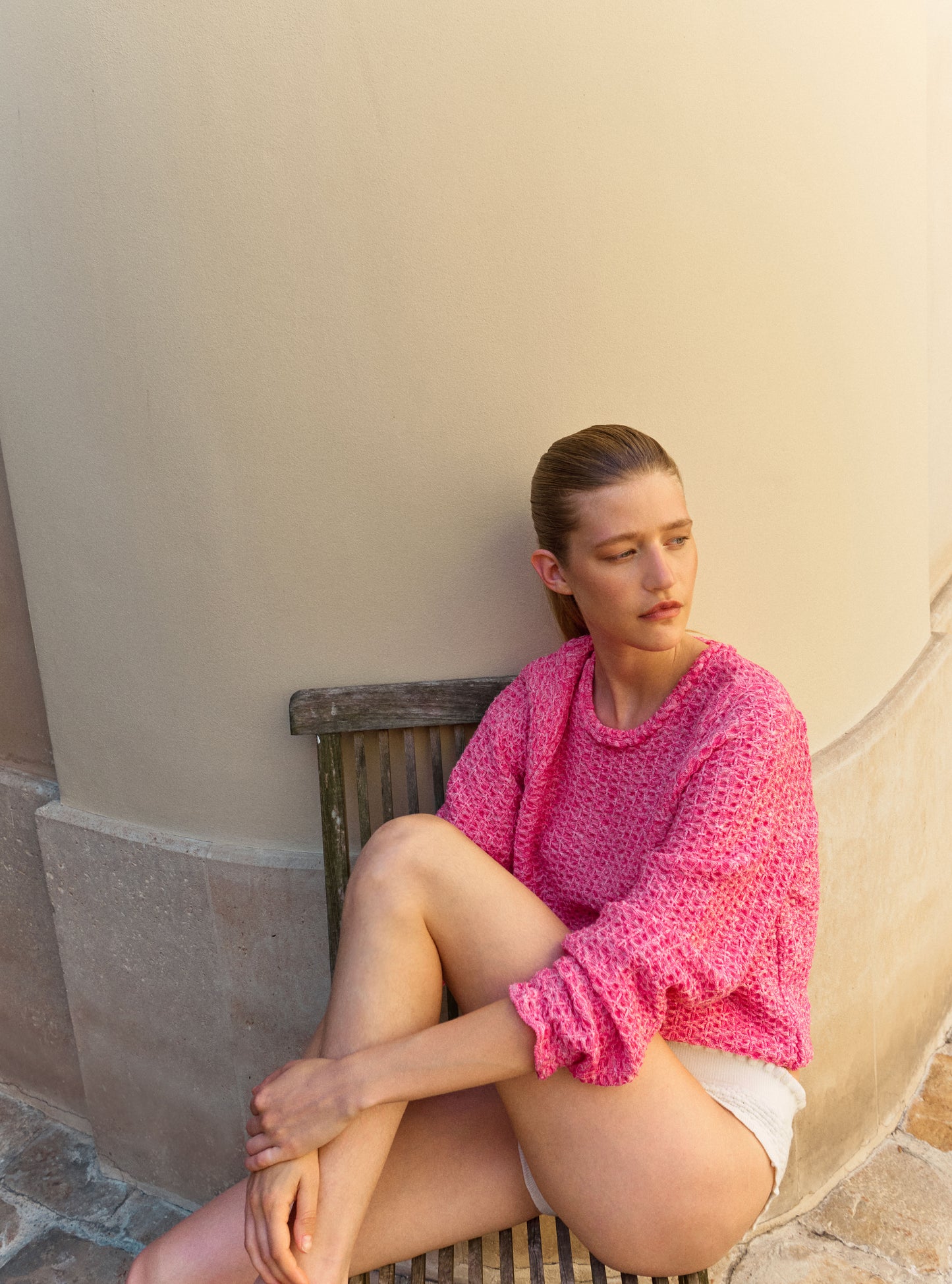 Top col rond maille tweedée Rose mouliné - Vêtement en maille de luxe Molli