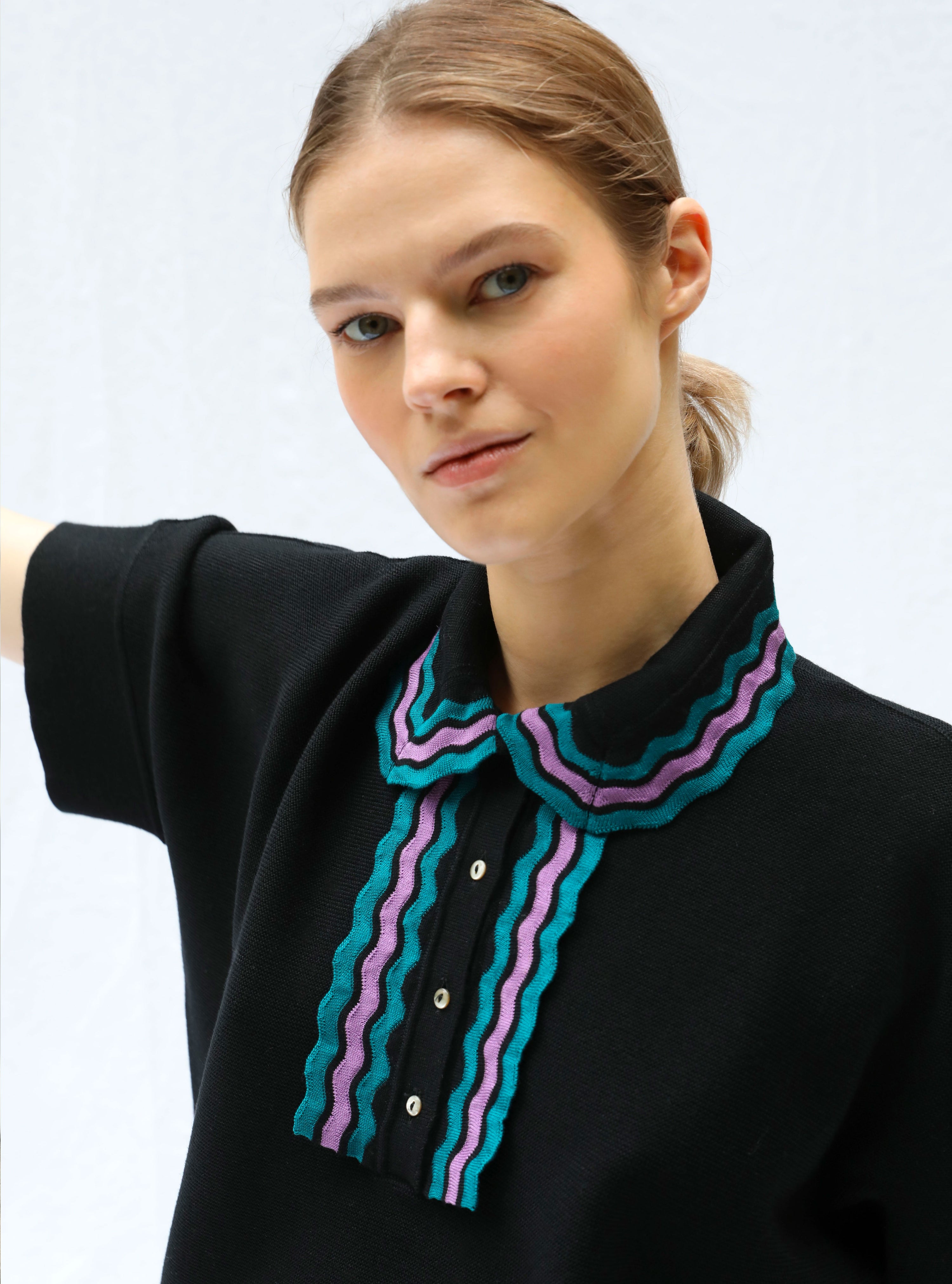 Top de luxe femme - Top ample maille col croquet noir profond multi 