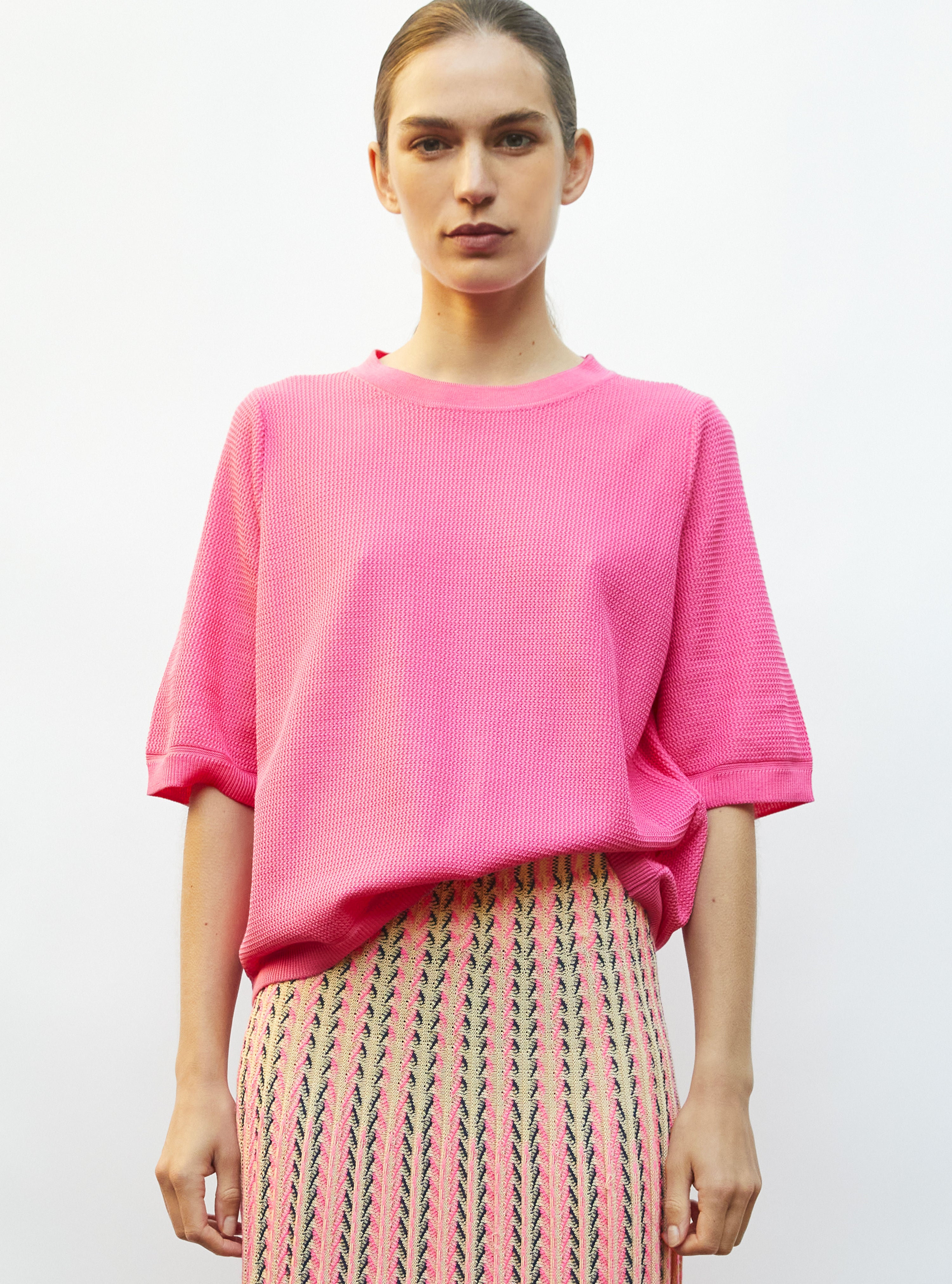 top fin maille ondulée rose fluo - Vêtement de luxe femme