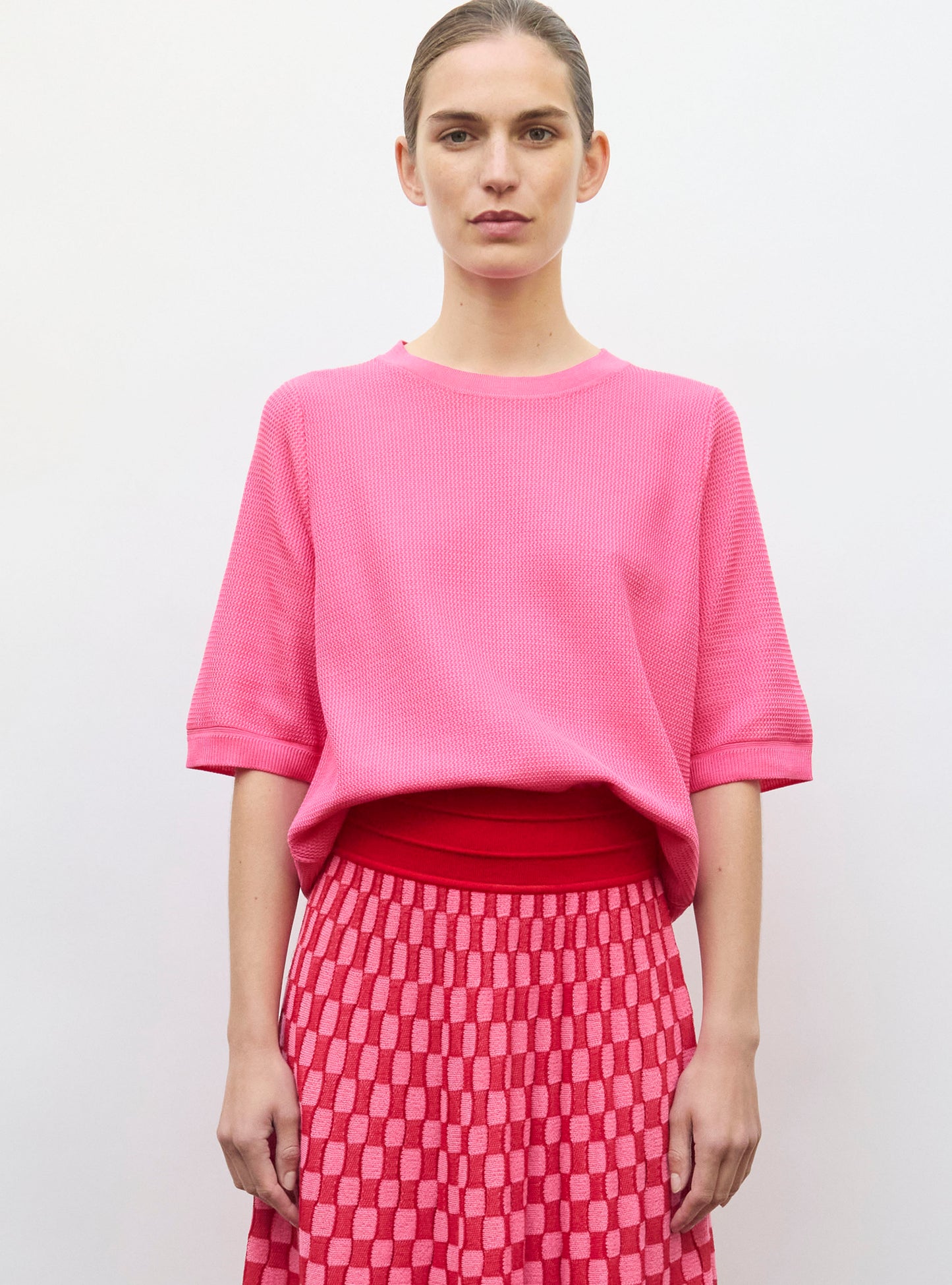 top fin maille ondulée rose fluo - Vêtement de luxe femme