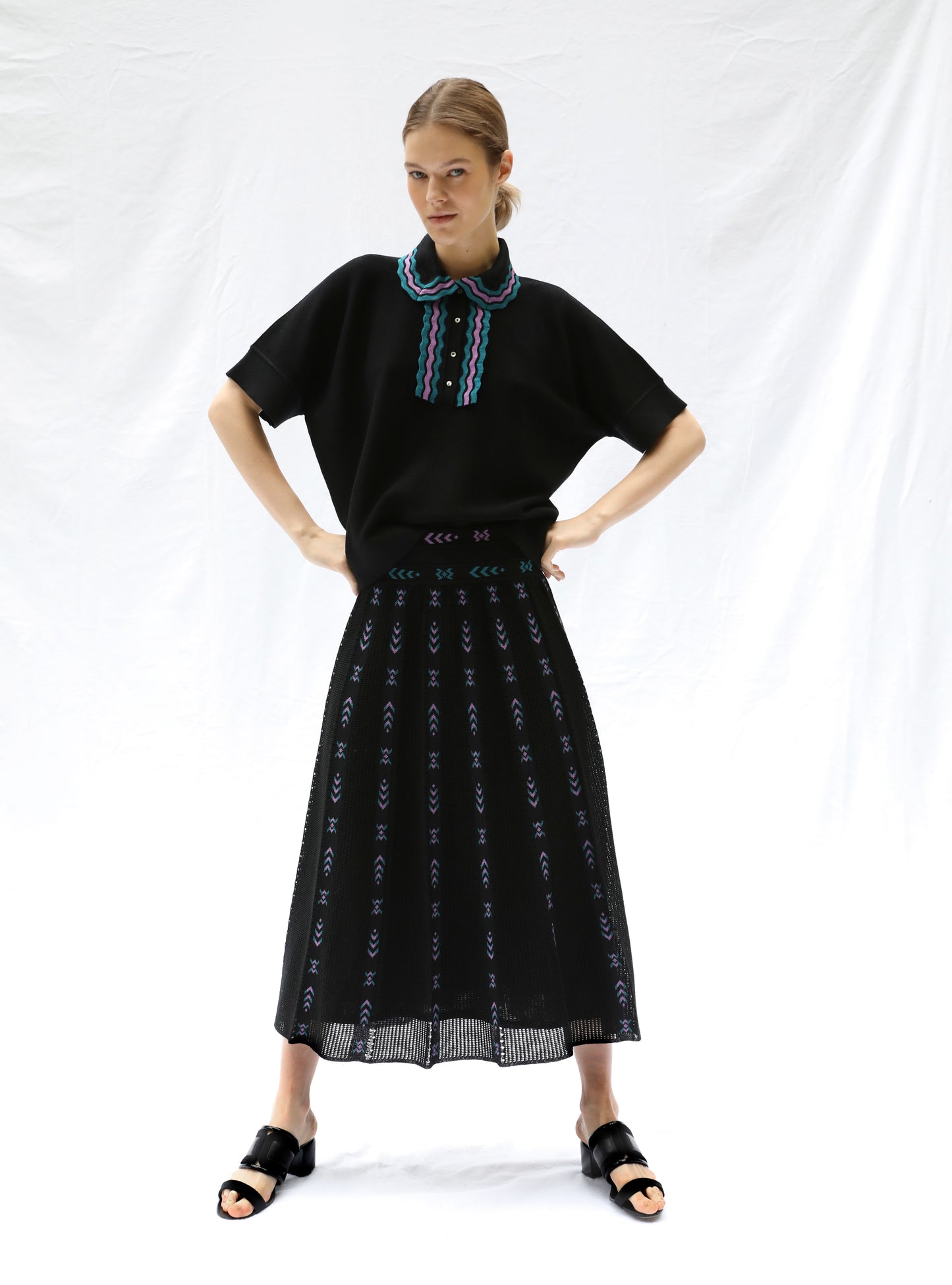 Top ample maille col croquet noir profond multi - Vêtement en maille de luxe Molli