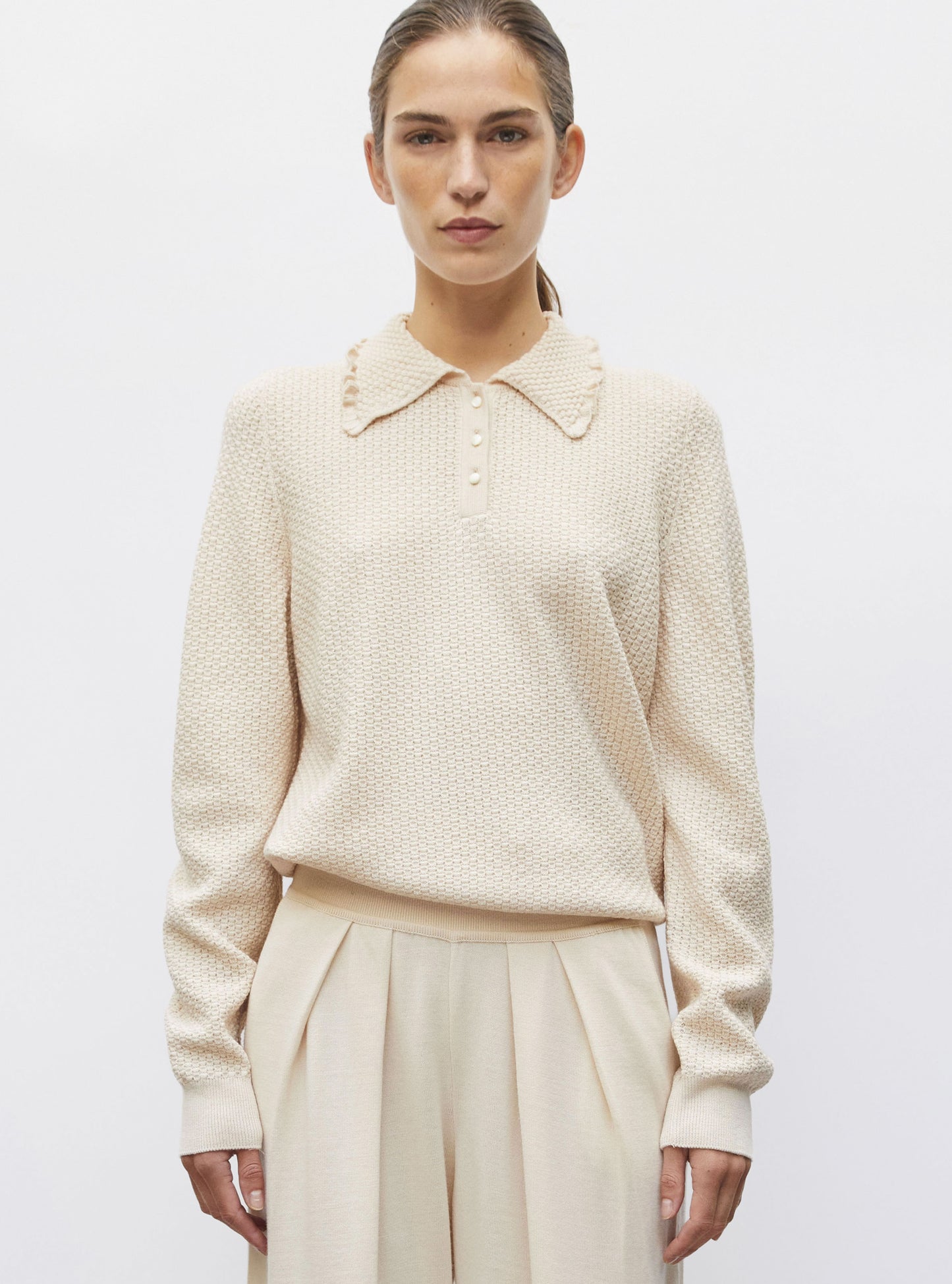 Top fin maille col volanté dune - Vêtement en maille de luxe Molli