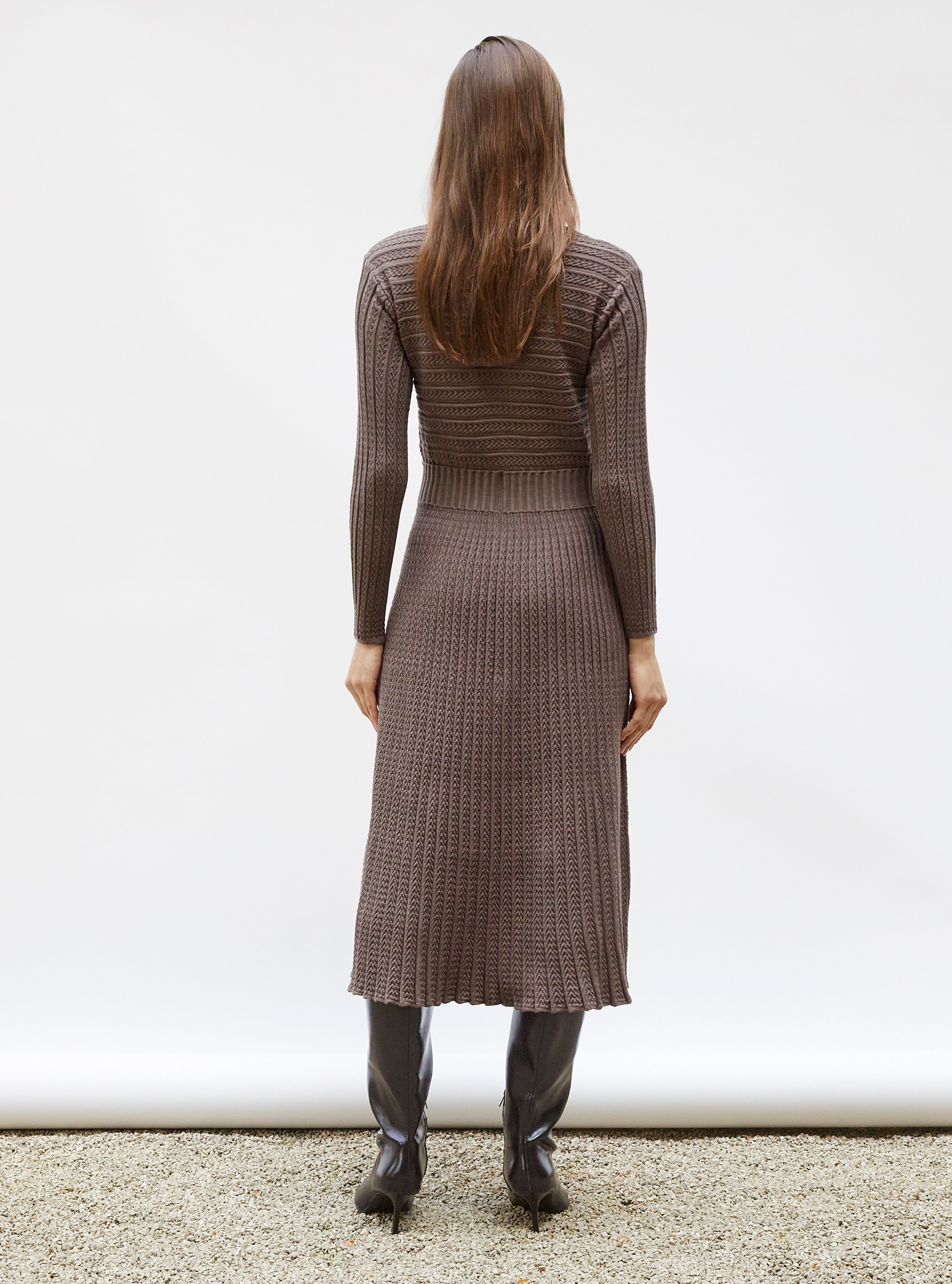 Robe de luxe femme - Robe longue maille plissée châtaigne