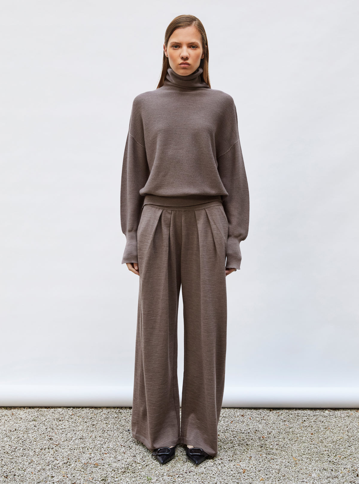 Pantalons de luxe femme - Pantalon fluide en maille Châtaigne