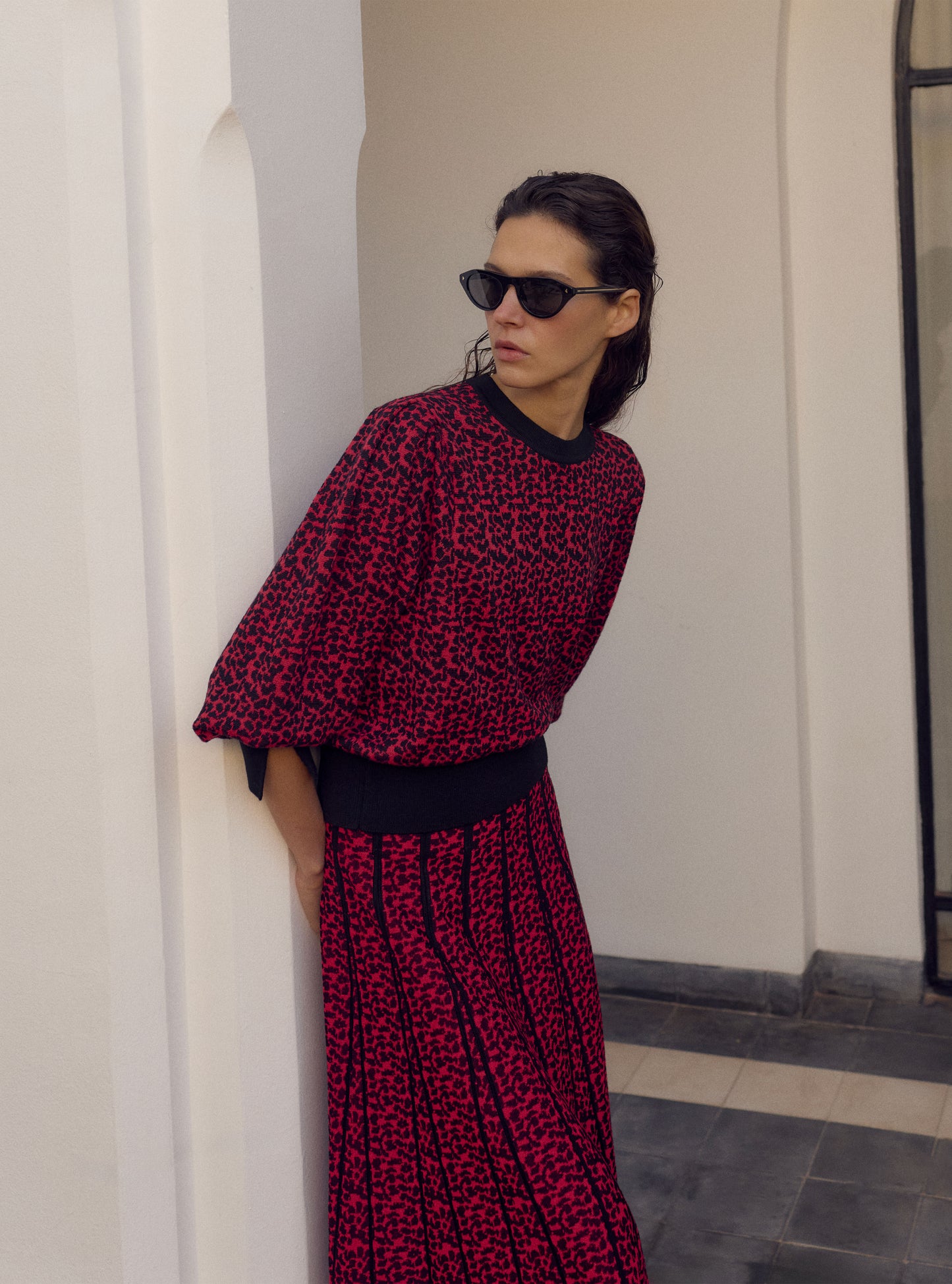 Top fin jacquard léopard rouge lady-multi - Top de luxe
