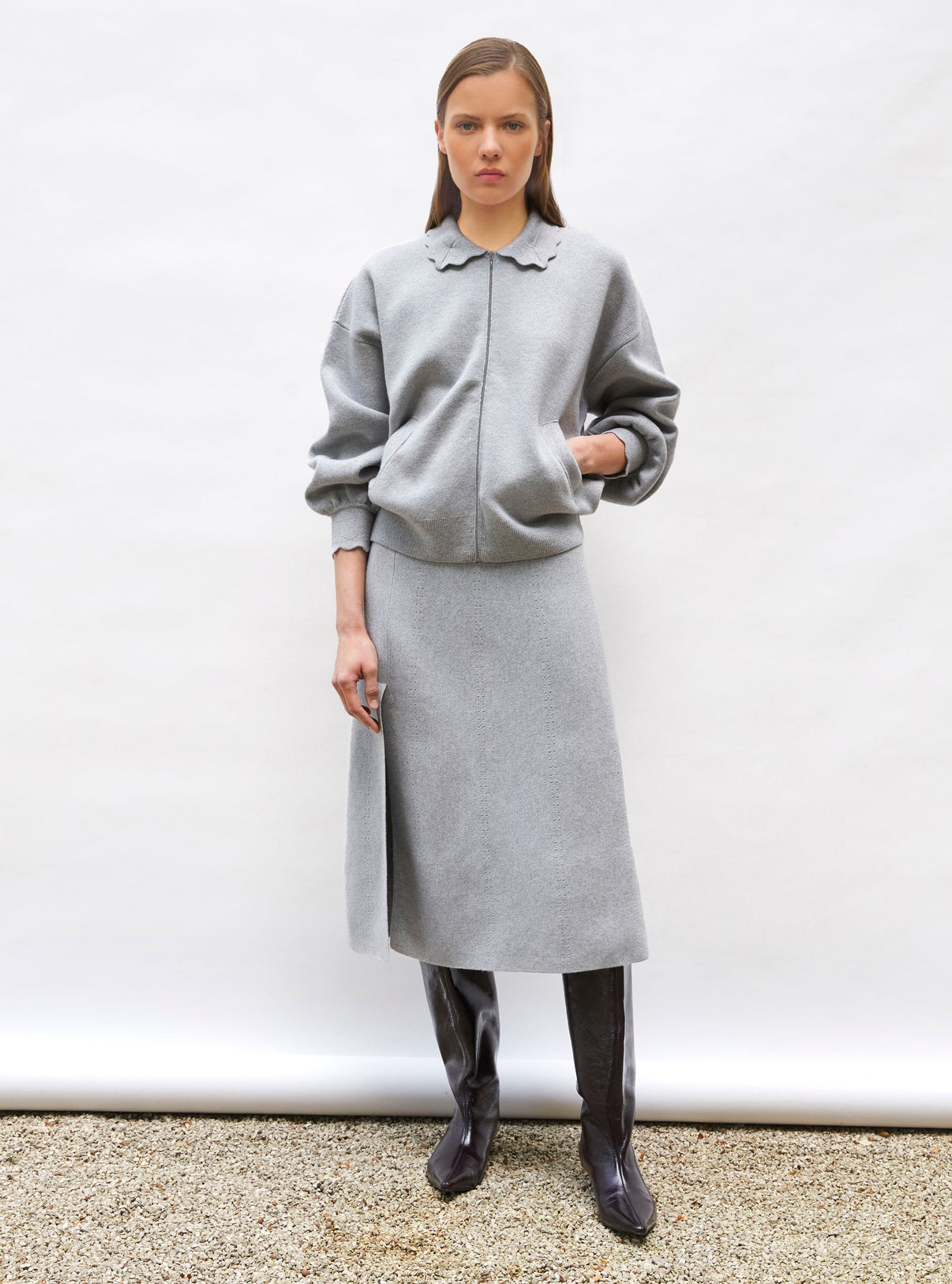 Veste en maille col croquet Gris souris - Vêtement de luxe femme