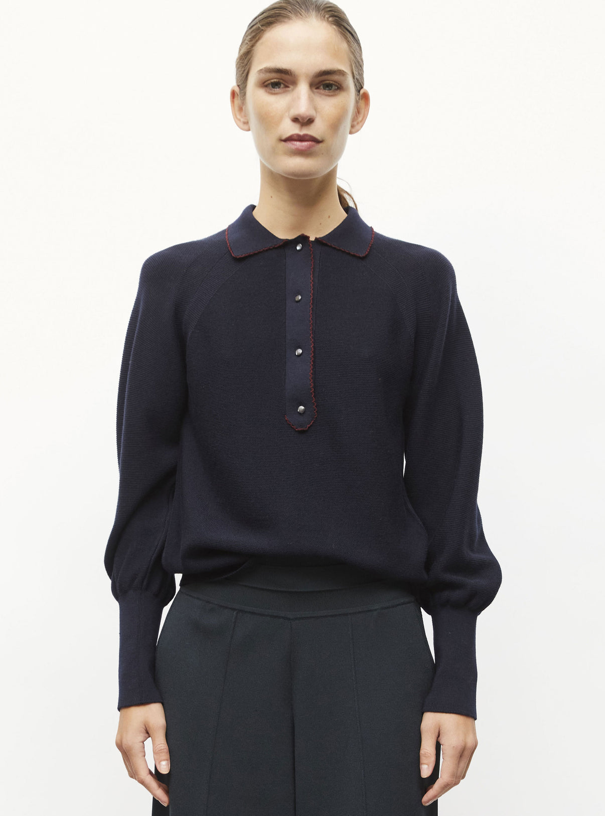 Polo fin finition picots nuit-amarante - Vêtement en maille de luxe Molli