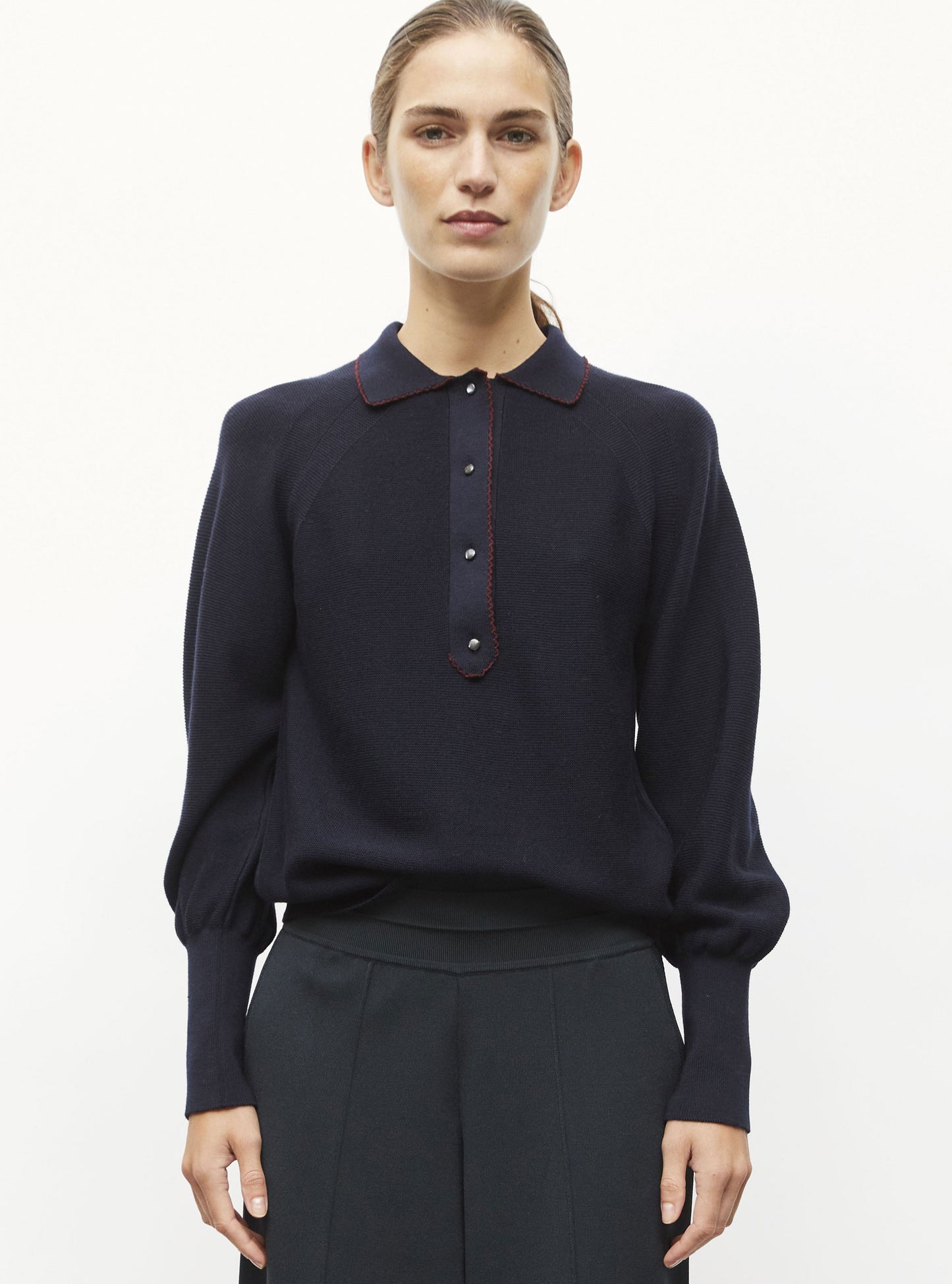 Polo fin finition picots nuit-amarante - Vêtement en maille de luxe Molli
