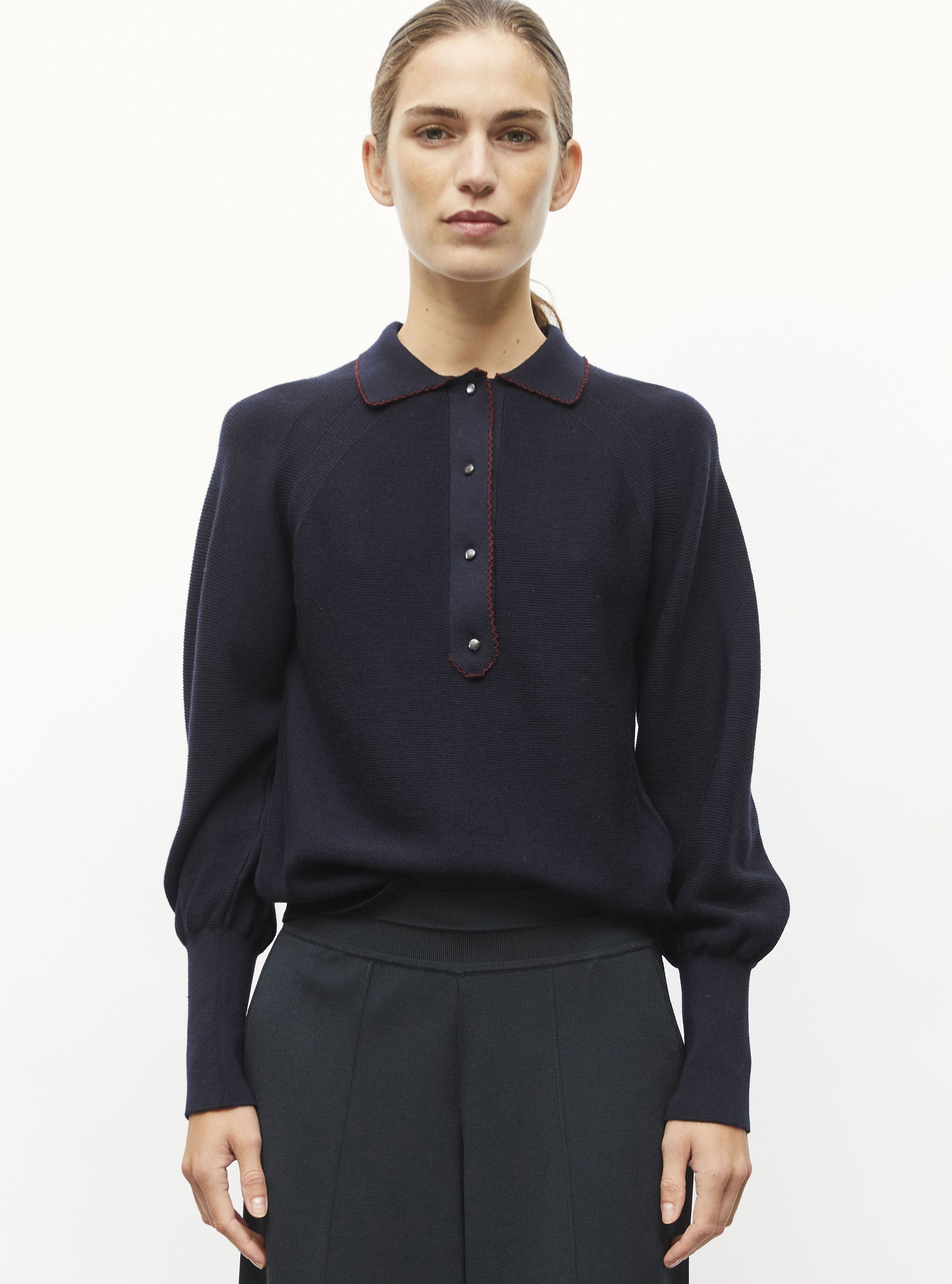 Polo fin finition picots nuit-amarante - Vêtement en maille de luxe Molli