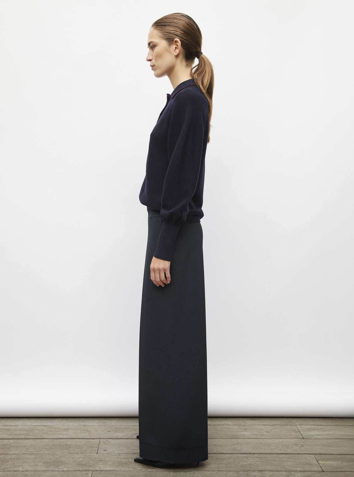 Polo fin finition picots nuit-amarante - Vêtement de luxe femme