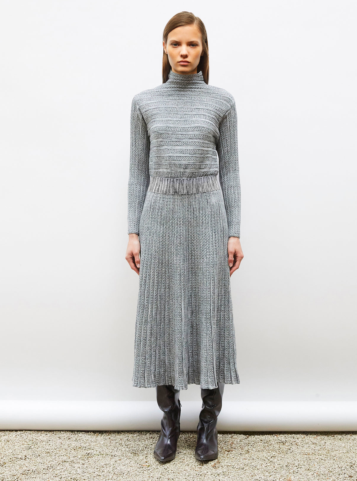 Robe longue maille plissée noir mouliné - Vêtement en maille de luxe Molli
