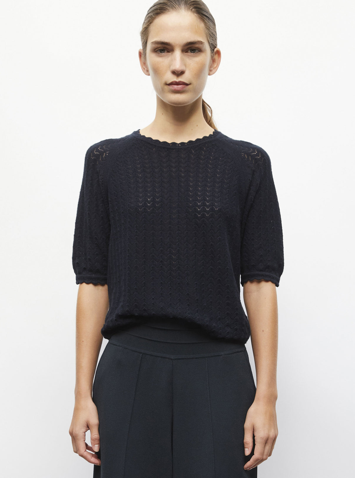 Top manches coudes maille pointelle Nuit - Vêtement en maille de luxe Molli