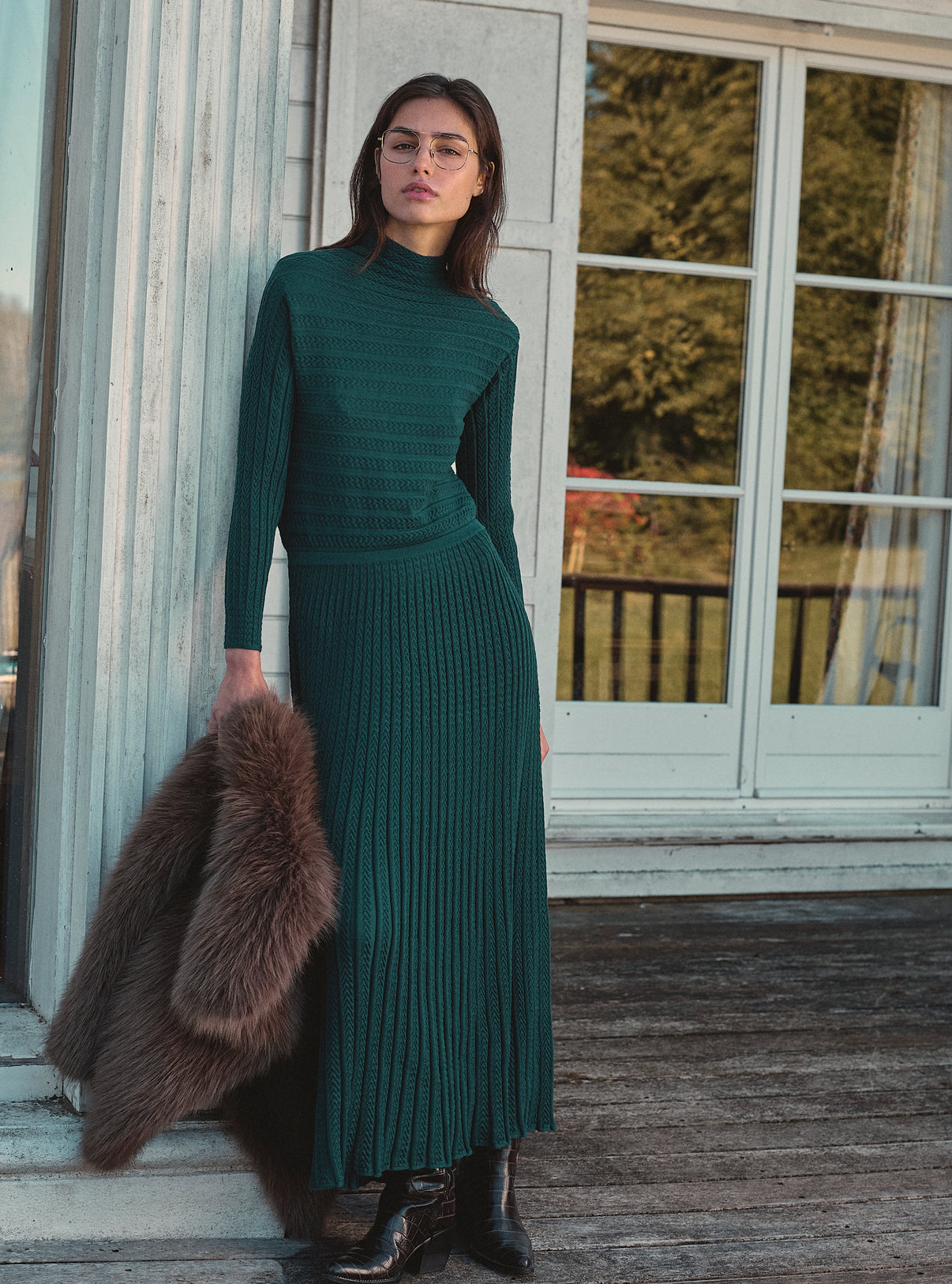 maxi pleated knit dress english green