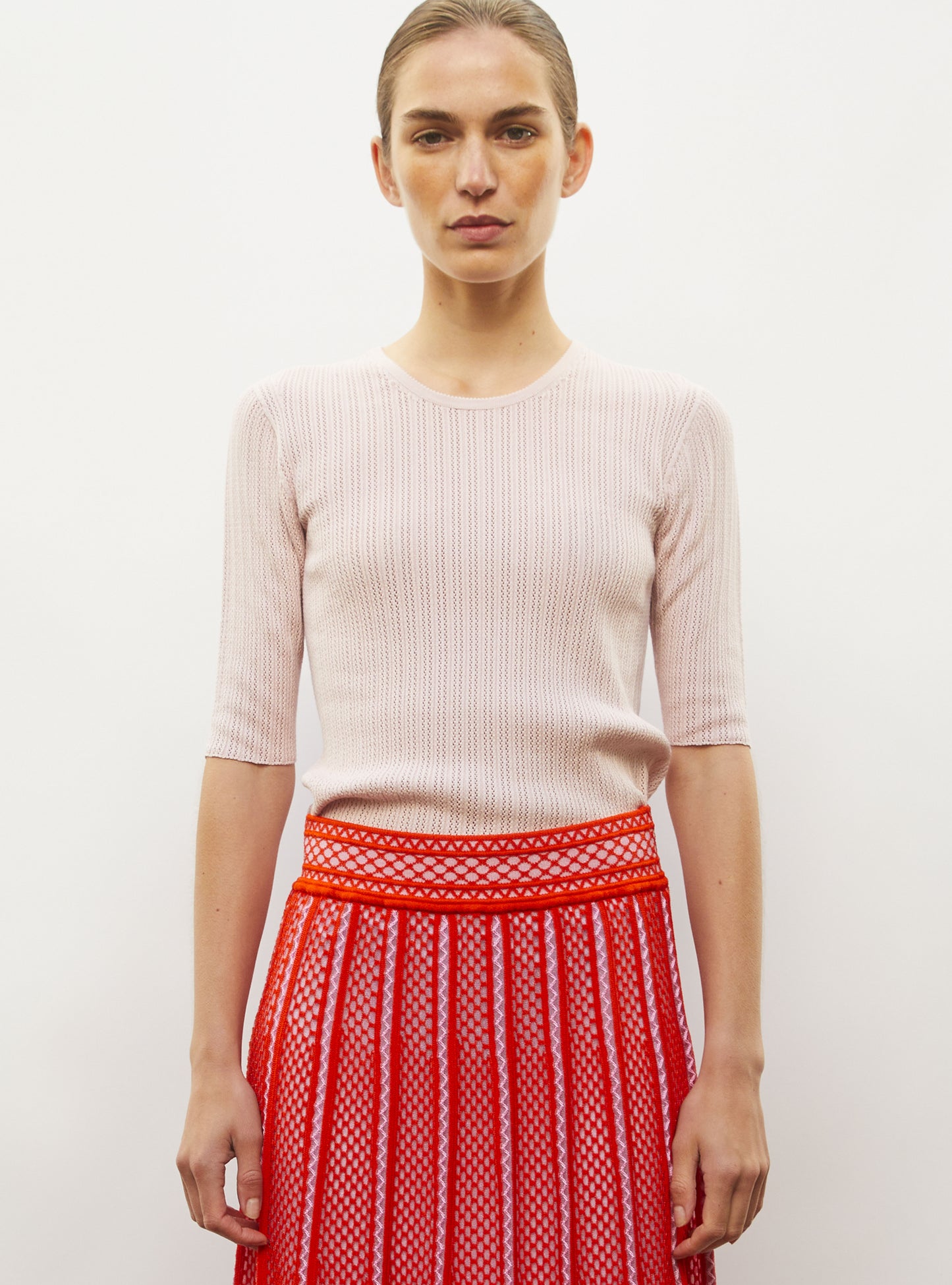 top fin maille pointelle rose doux - Vêtement de luxe femme