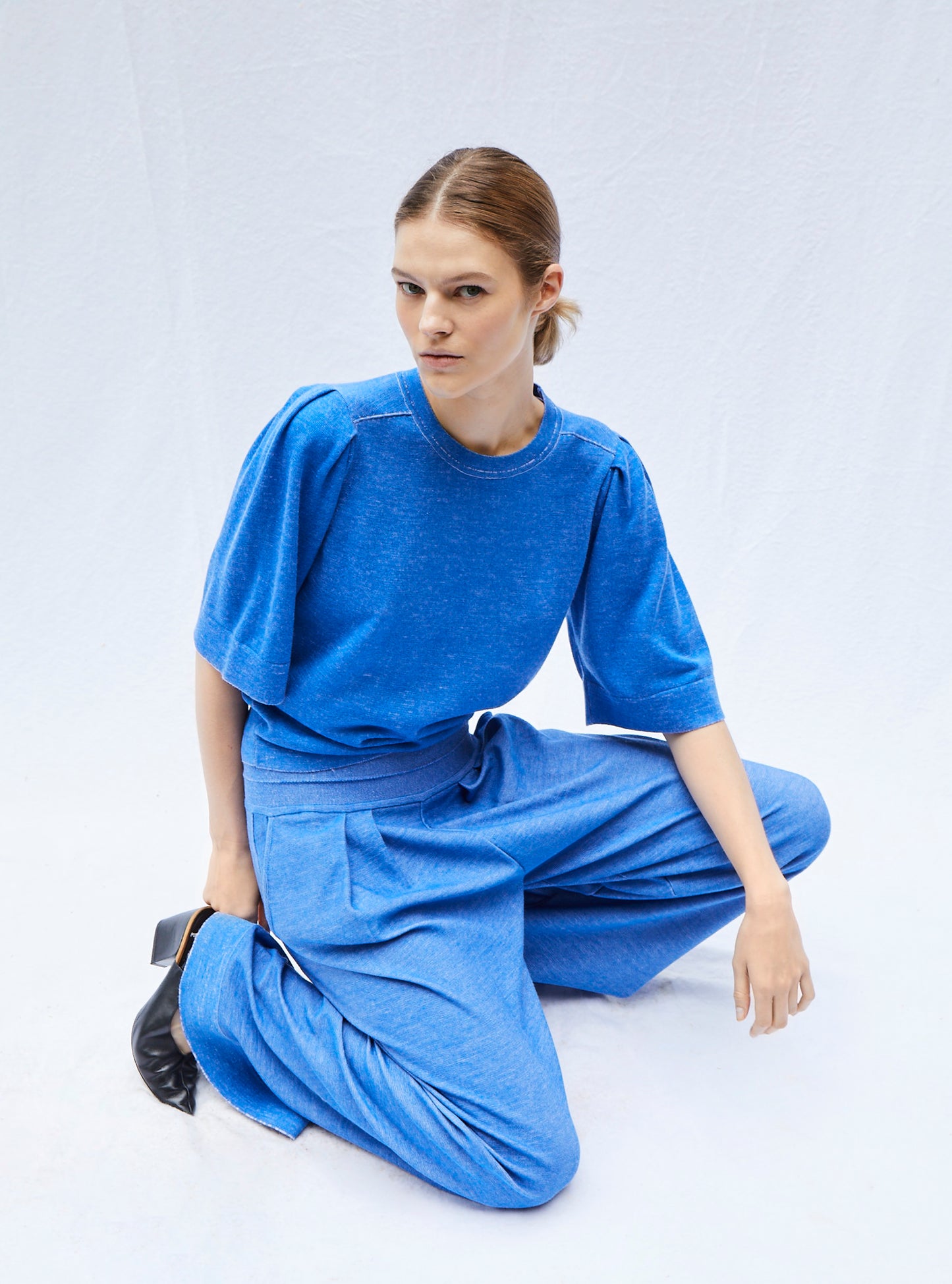 top maille manches froncées royal blue-denim - Molli