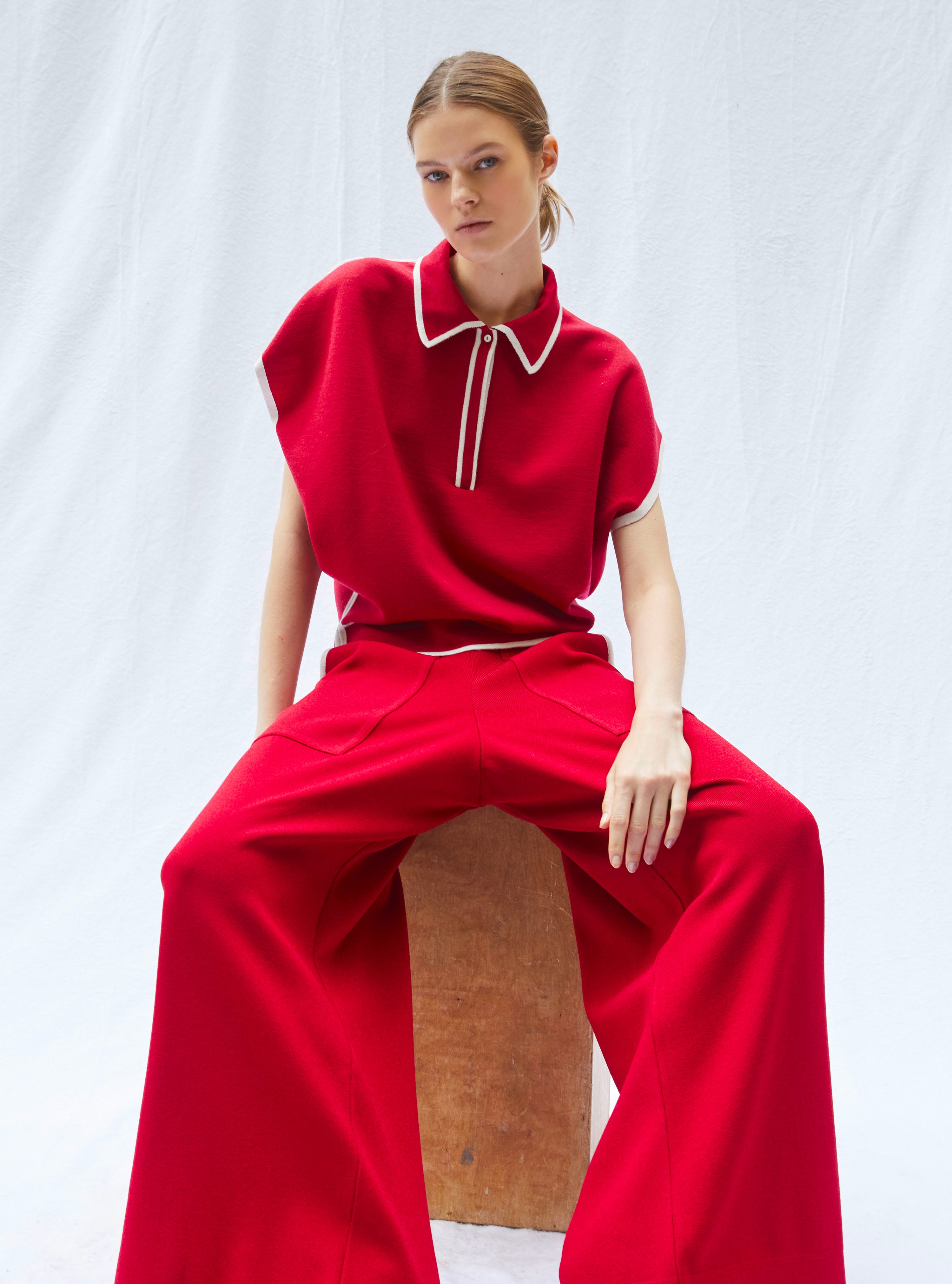 Top ample maille col gansé grenat-naturel - Vêtement en maille Molli