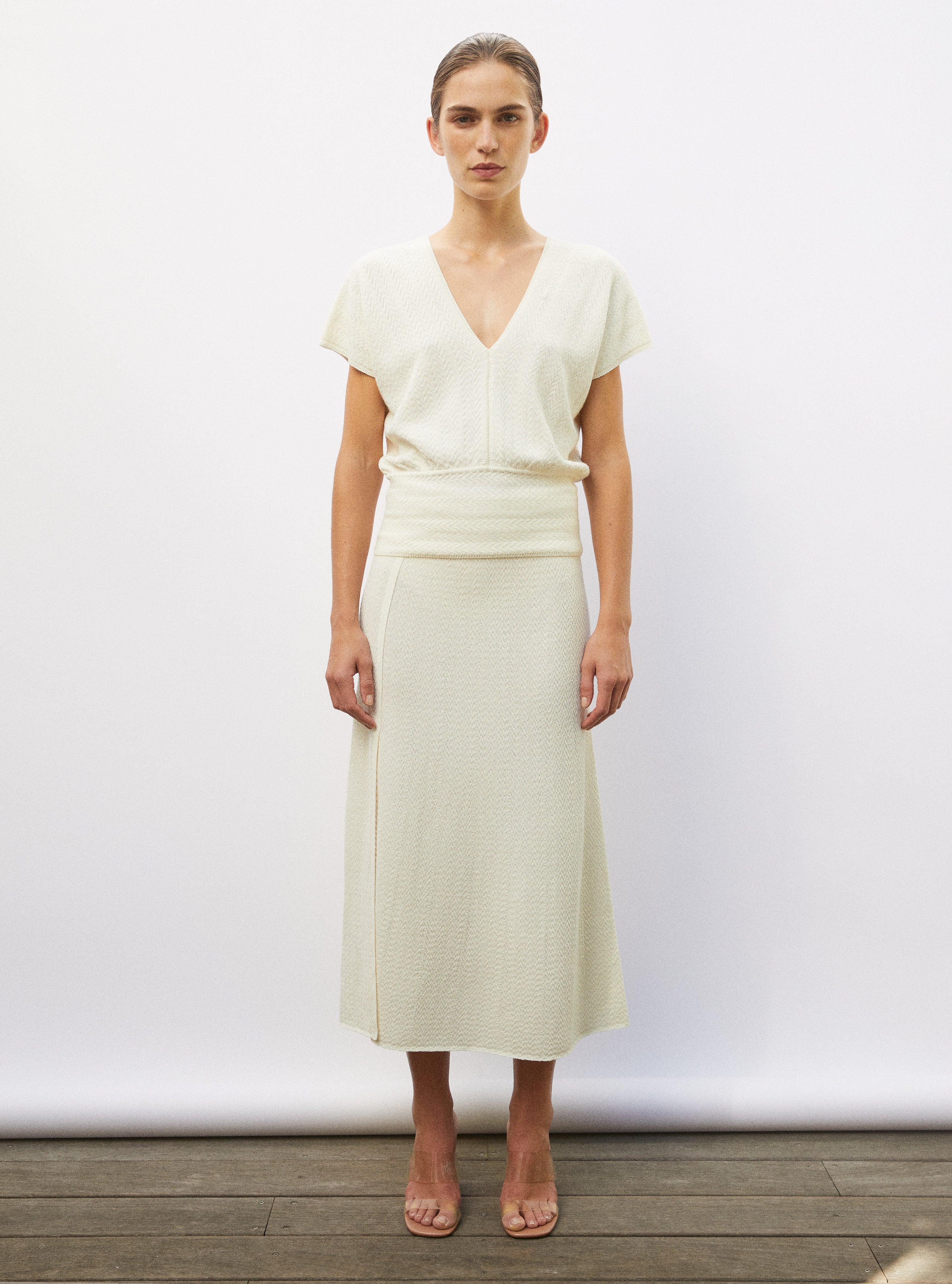 Top de luxe femme - Top V maille chevron molli naturel