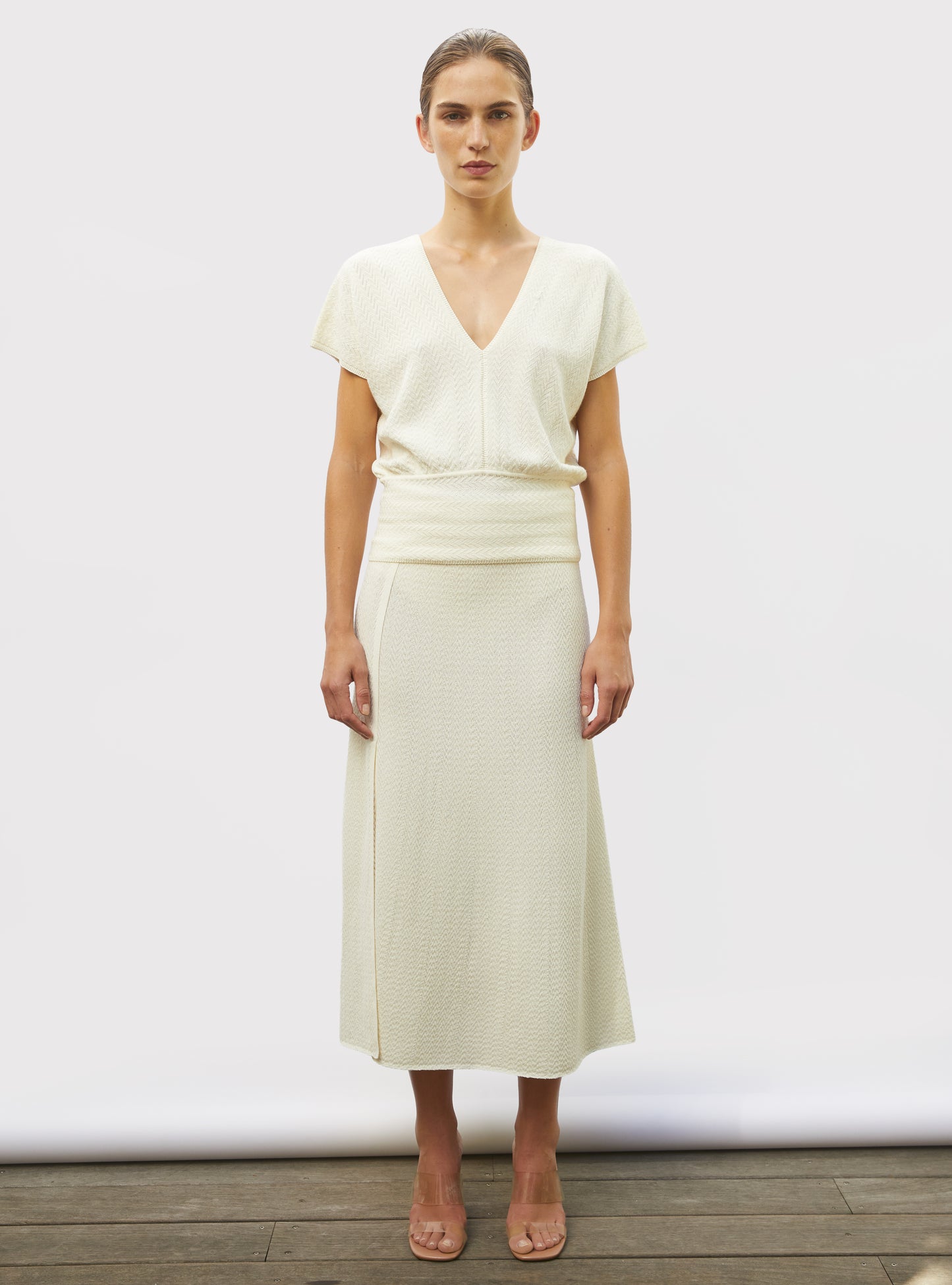 Top de luxe femme - Top V maille chevron molli naturel