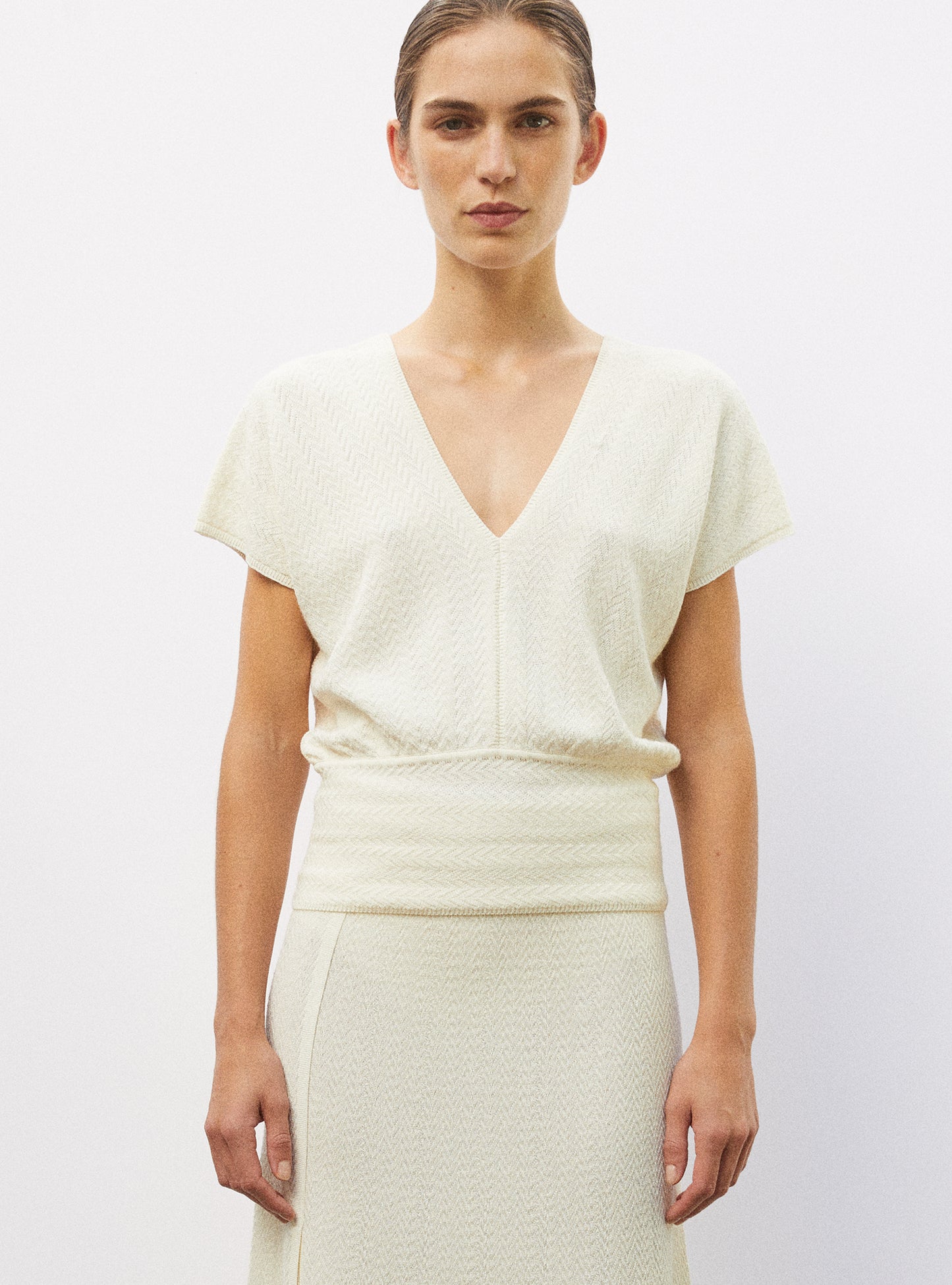 Top V maille chevron molli naturel - Vêtement en maille de luxe Molli