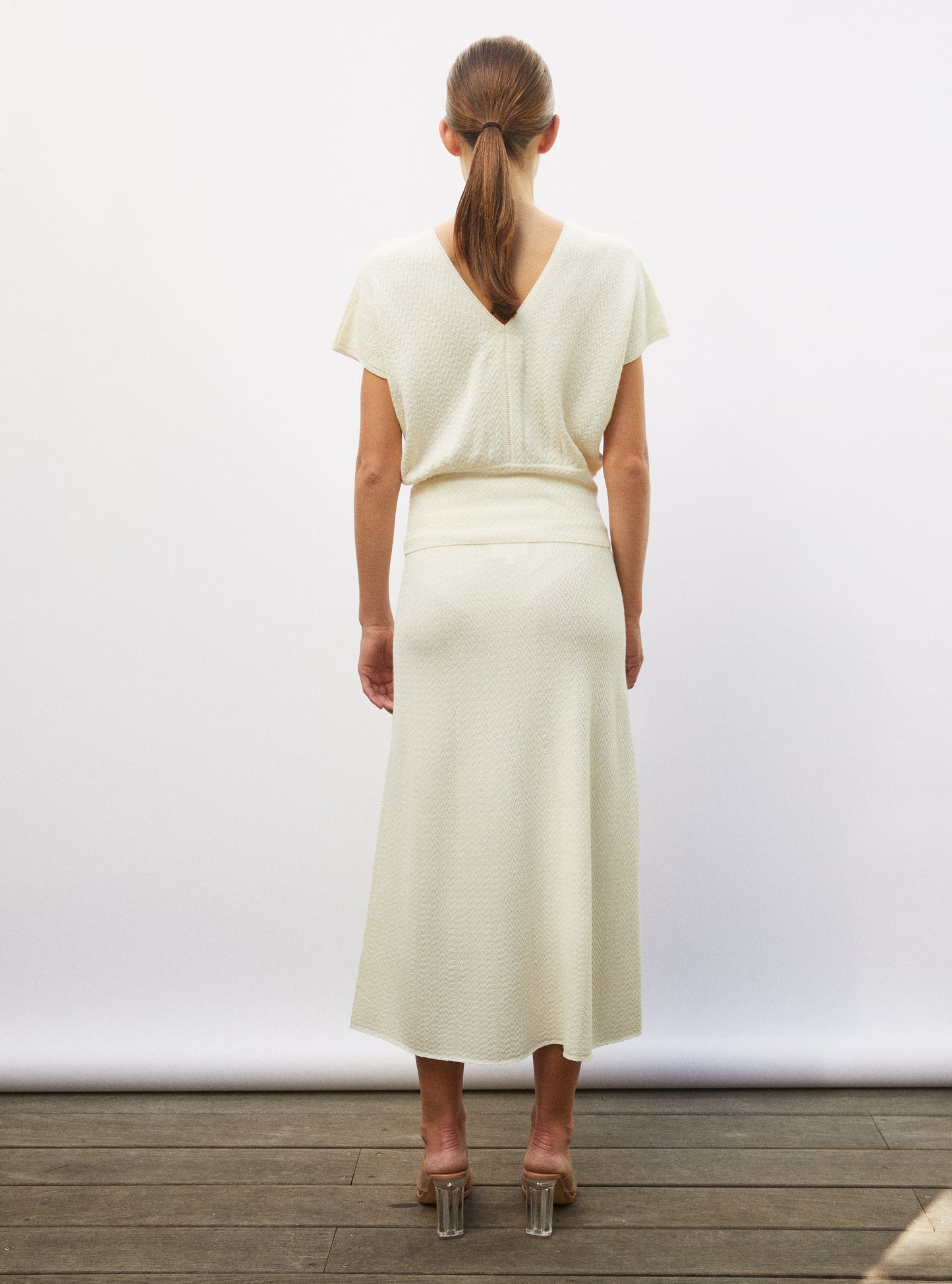 Top V maille chevron molli naturel - Vêtement de luxe femme